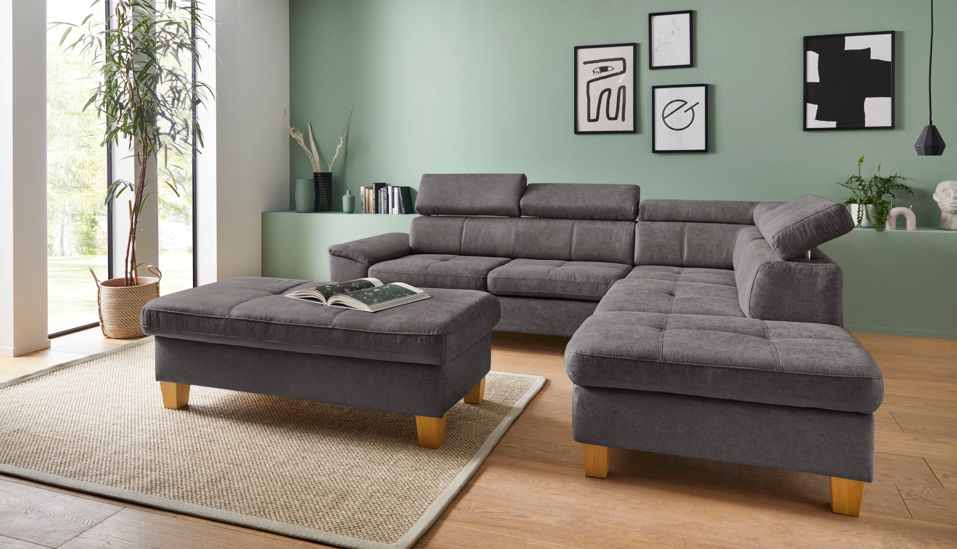 exxpo - sofa fashion Ecksofa "Enya, hoher Sitzkomfort, Breite 266cm, bequem, 12cm hohe Füße, L-Form" mit Kopfteilverstellung, wahlweise Bettfunktion u. Bettkasten