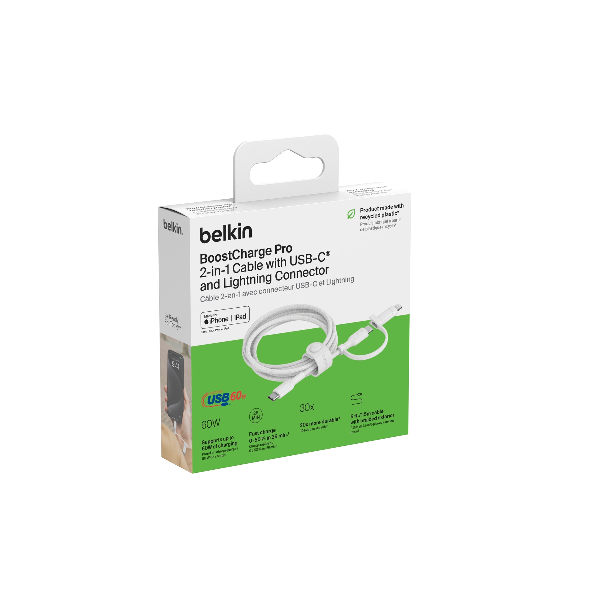 Belkin Lightningkabel »BoostCharge Pro 2-in-1-Kabel mit USB-C-Stecker und Lightning Connector«, USB-C-Lightning, 150 cm, geflochtene Ummantelung, USB-IF und MFi-zertifiziert