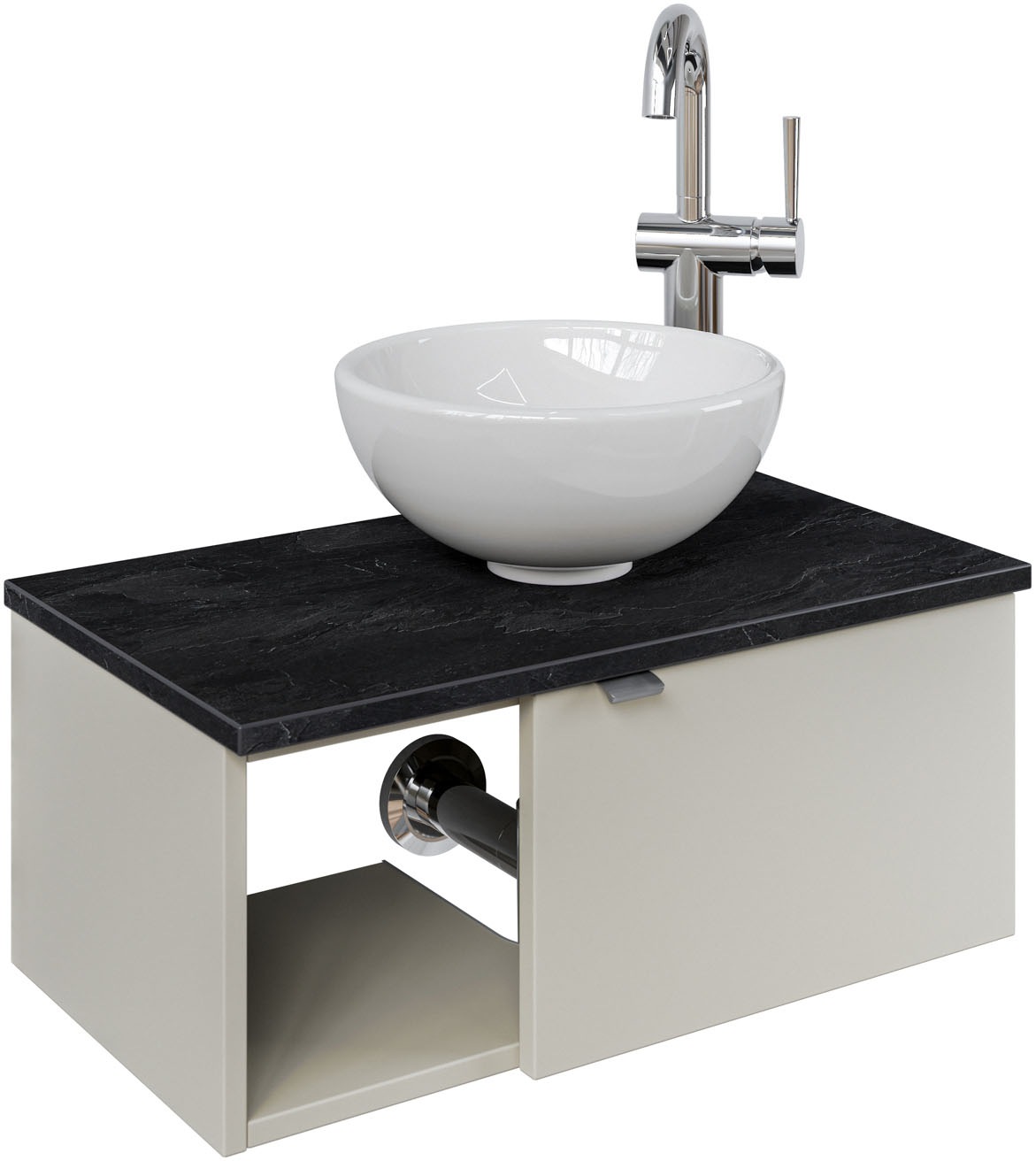 Saphir Waschtisch "Serie 6915 Waschschale mit Unterschrank für Gästebad, Gäste WC" Keramik-Aufsatzbecken, Waschtischplatte, Waschtischunterschrank, 3 Stk. tlg. 61 cm mit Keramik-Aufsatzbecken, 1 Tür und 1 Fach