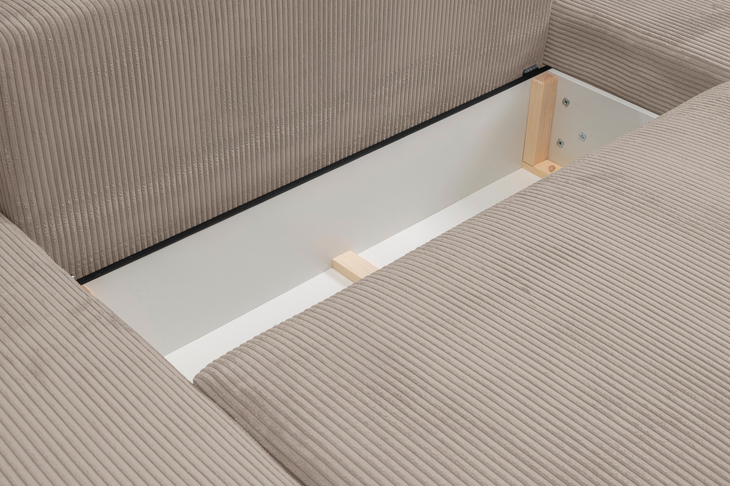 WERK2 Wohnlandschaft »Rotterdam-U, U-Form, in kuschelweichem Cord oder Breitcord«, Design Sofa mit Schlaffunktion & Bettkasten, Cord, Hellgrau/Beige