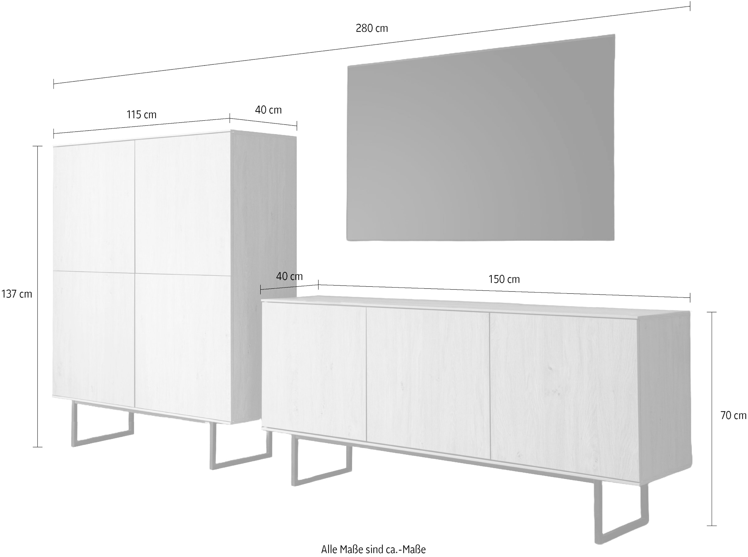 Home affaire Wohnwand »Lund, moderne Anbauwand, Wohnzimmer-Set in Stone Oak«, (2 St.), enthält Lowboard und Highboard