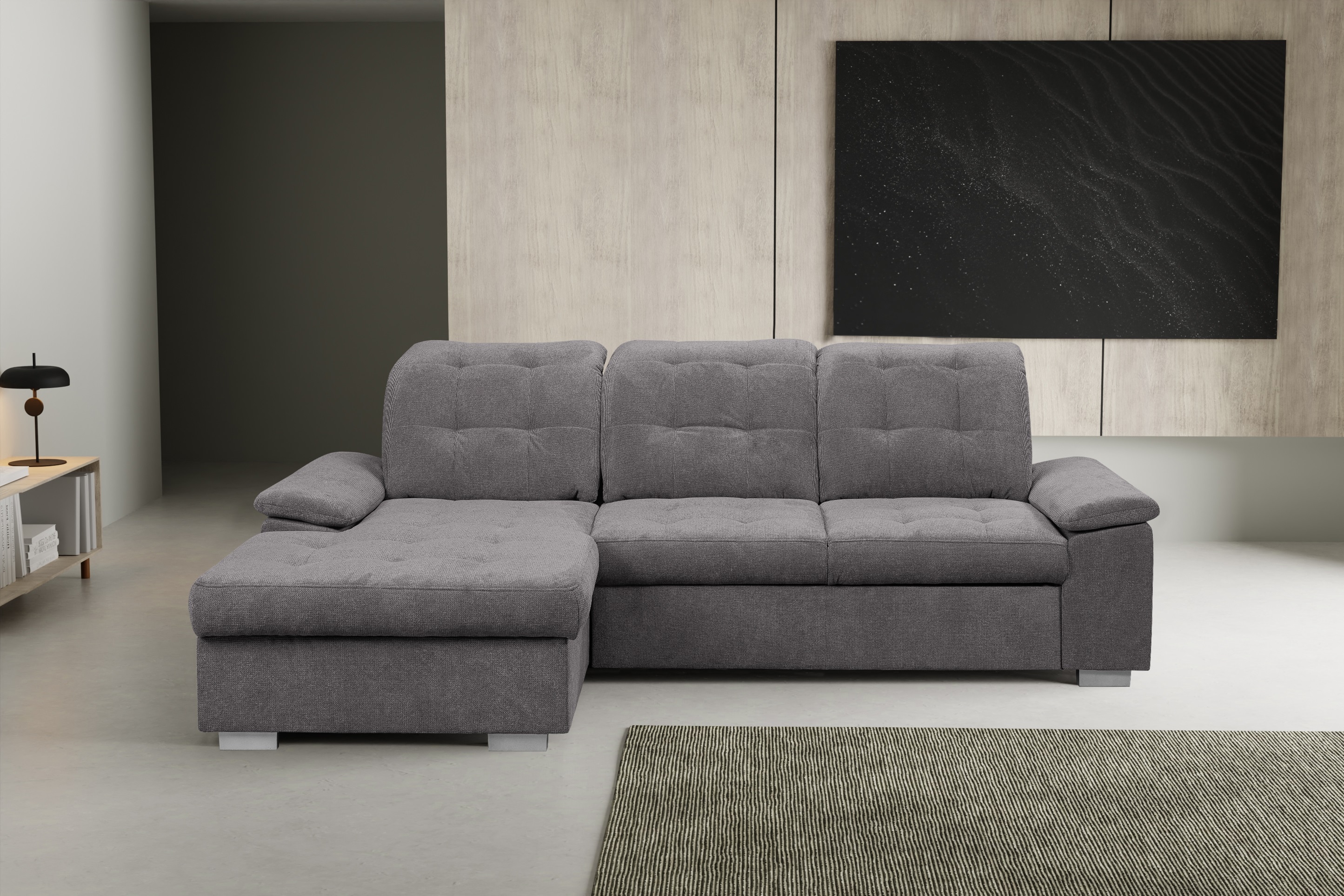 WERK2 Ecksofa "Carmen 264 cm breit L-Form Sofa Schlaffunktion Kopfstützen verstellbar" Schlafcouch mit Bettkasten, Eckcouch wahlw. mit Sitztiefenverstellung