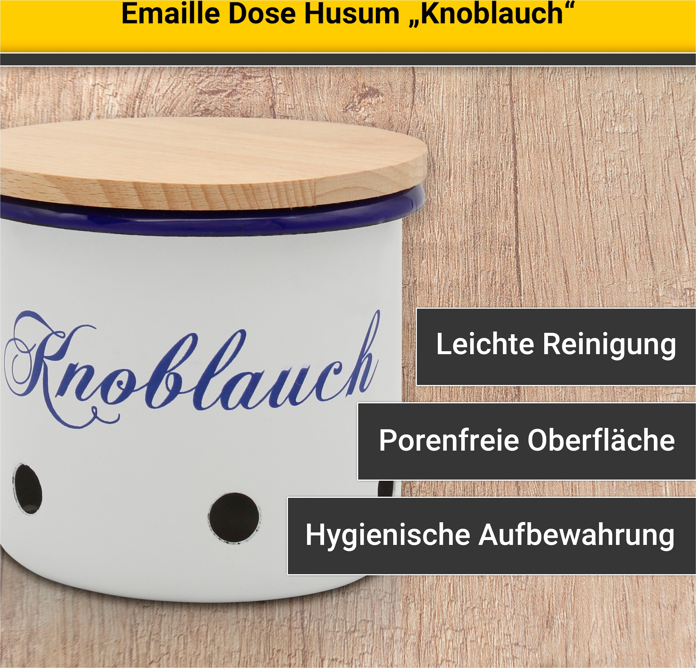 Krüger Vorratsdose »Emaille Vorratsdose Husum für Knoblauch mit Holzdeckel, 10 cm«, (1 tlg.), schnitt-/kratzfeste Oberfläche, Bakterienabweisend, extrem langlebig