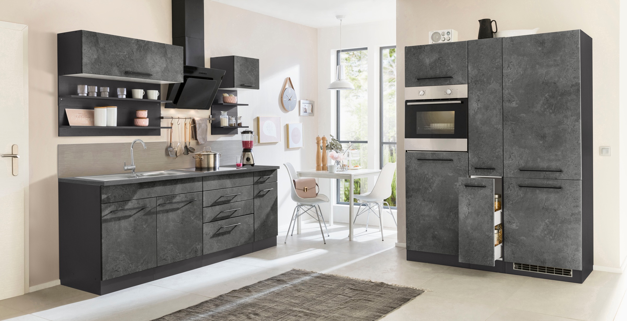 KOCHSTATION Küchenzeile »KS-Tulsa«, mit E-Geräten, Breite 360 cm, schwarze Metallgriffe, MDF Fronten