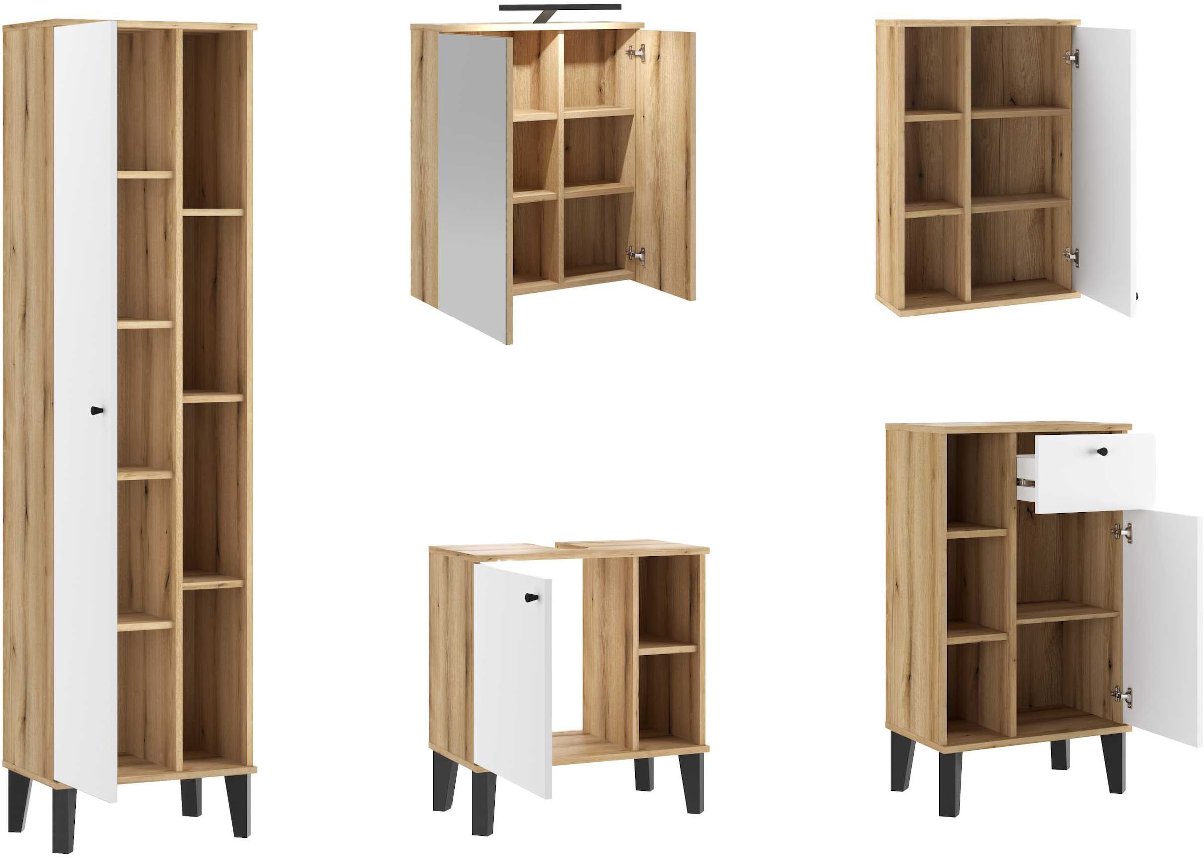 INOSIGN Badmöbel-Set »OSLO, Bad im skandinavischen Design, 5-teiliges Badezimmer«, (Set, 5 St.), Badschränke und Spiegel, in zwei Farben verfügbar, viel Stauraum