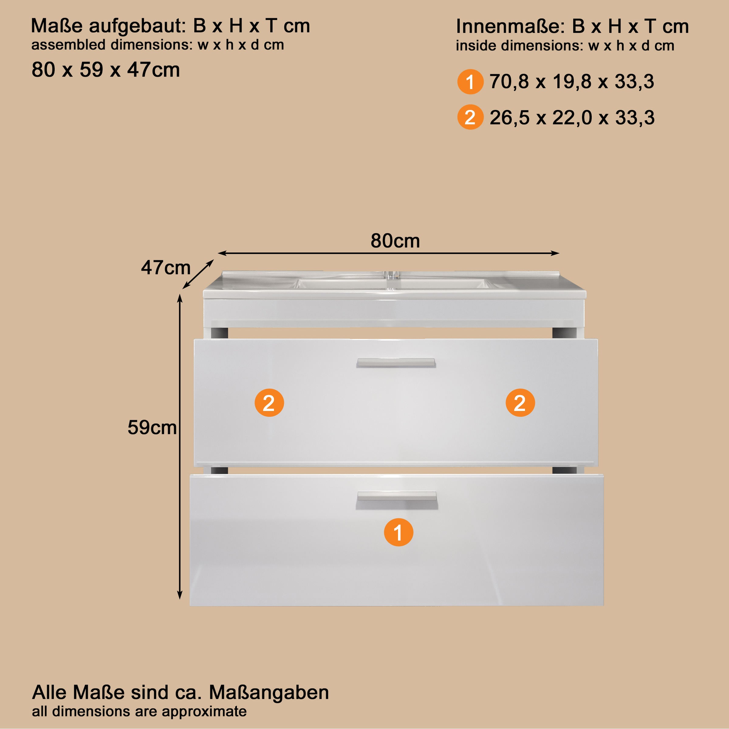 welltime Waschbeckenunterschrank »Dormoletto« Hänge-Waschbeckenunterschrank m. Becken - (B/T/H) 81/47/59 cm