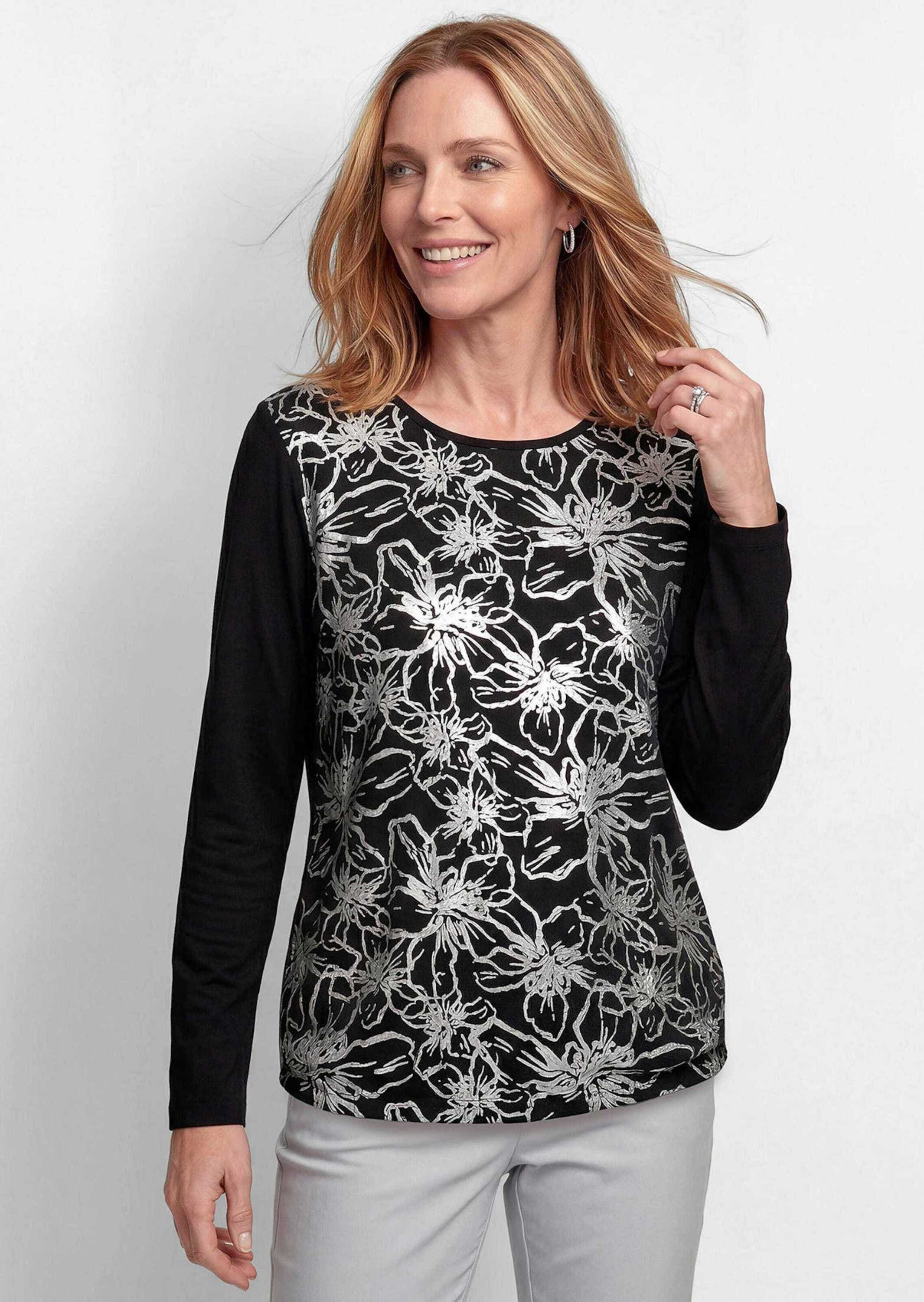 GOLDNER Kurzarmbluse »Blusenshirt mit Blumendruck« Vorderteil aus Satin mit Foilprint