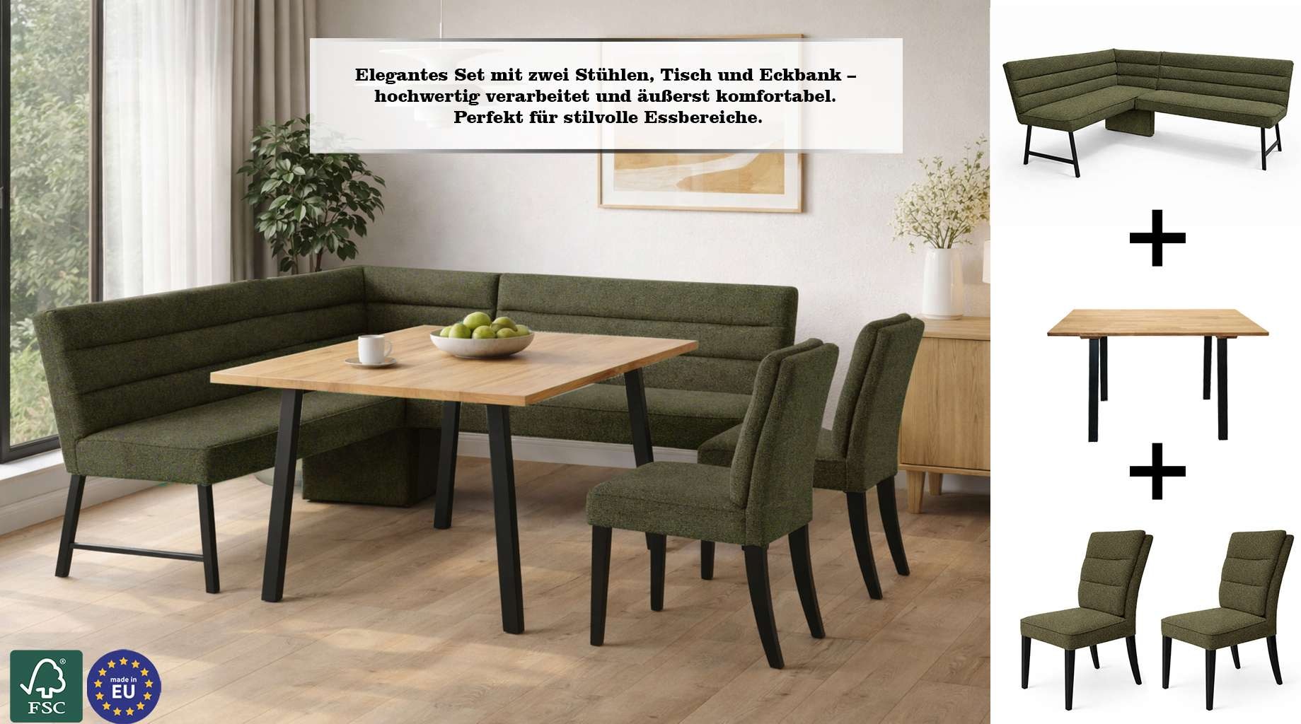 OTTO home Eckbankgruppe »Oregon Essecke, Sitzgruppe, Küchenbankgruppe« Set, 4er, 4 tlg. Eckbank mit Metallfüßen, Esstisch in Eiche massiv