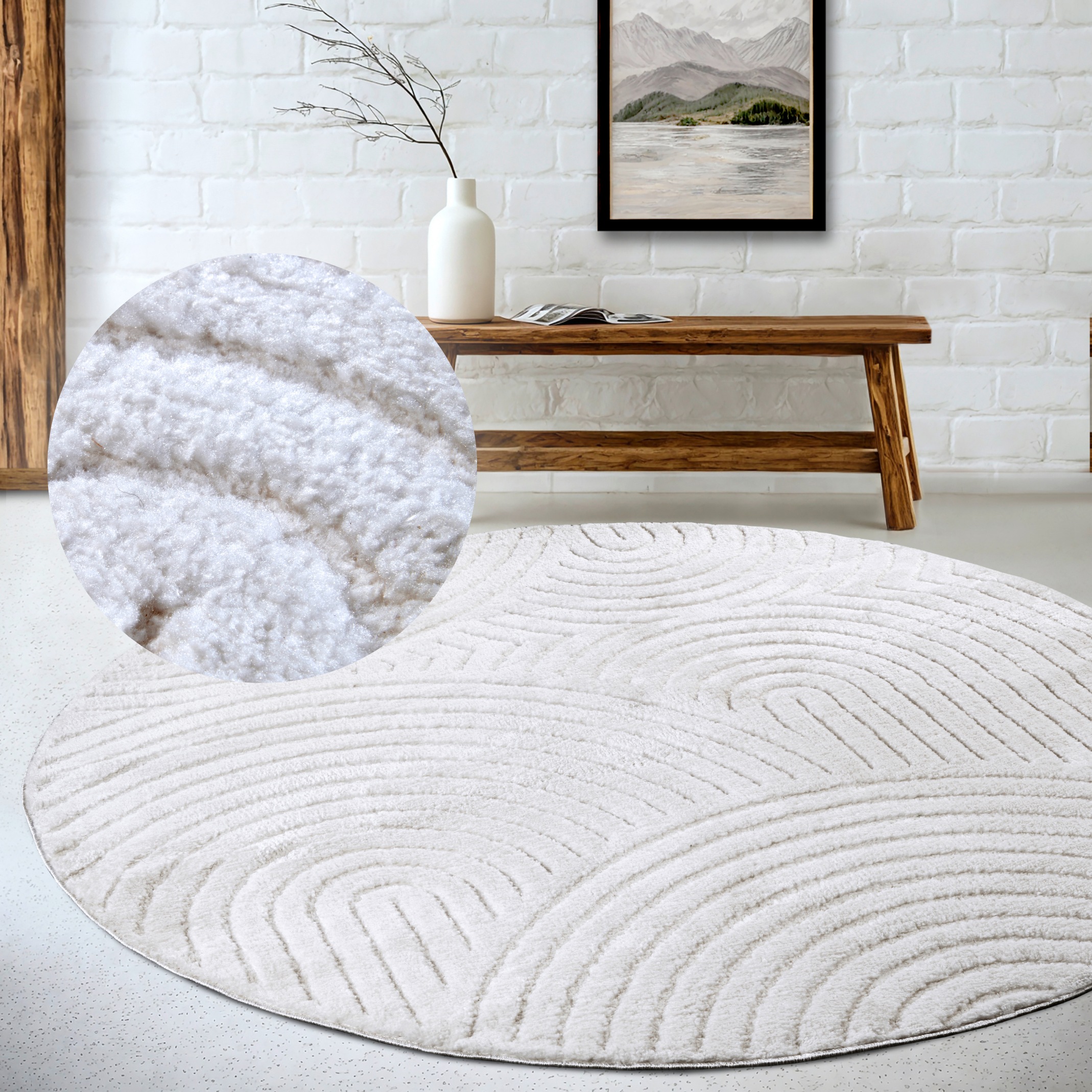 Designteppich ELLE DECORATION "Cosy Panglao, auch als Rundteppich erhältlich", weiß, H:14mm Ø:160cm, Polyester, Polypropylen (PP), Teppiche, uni Kurzflor, Hoch Tief Struktur, modern, Skandi, Boho, Wohnzimmer