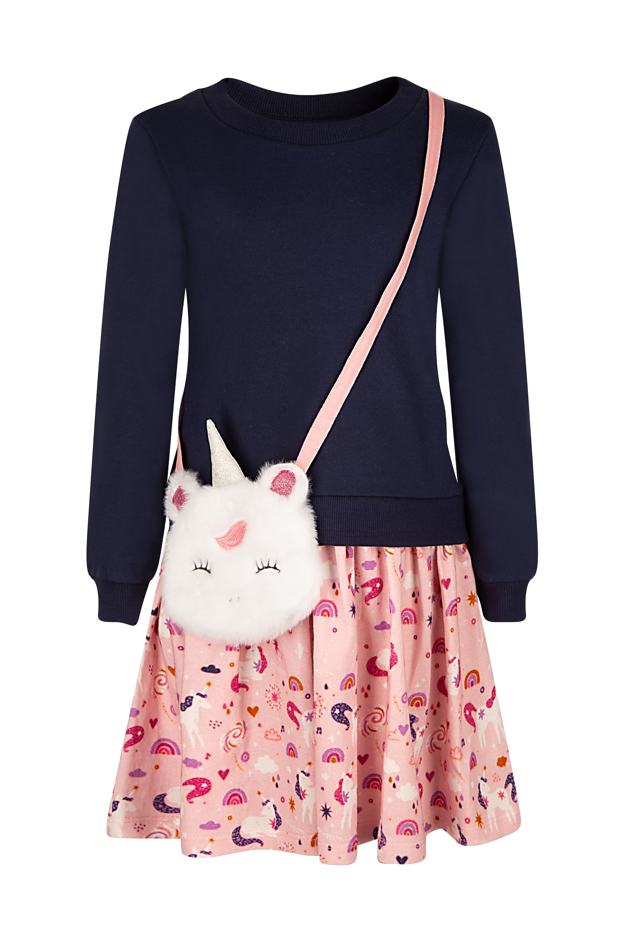 HAPPY GIRLS Mädchen Sweatkleid, blau, Gr. 98, bedruckt, Sweatware, Obermaterial: 100% Baumwolle, Kleider, mit kleiner Umhängetasche im Einhorn-Look