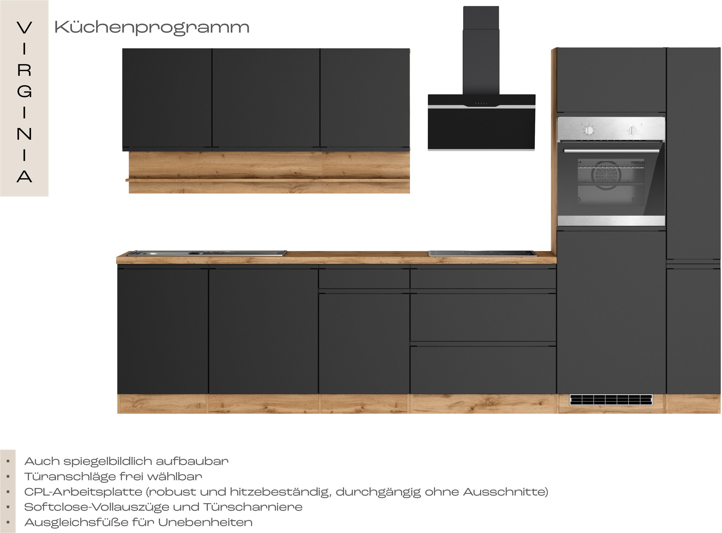 KOCHSTATION Küchenzeile »KS-Virginia,neu in verbesserter Ausführung« Arbeitsplatte 38 mm stark, Stauraum, Softclose,  Breite 330 cm, Soft-Close, ohne E-Geräte