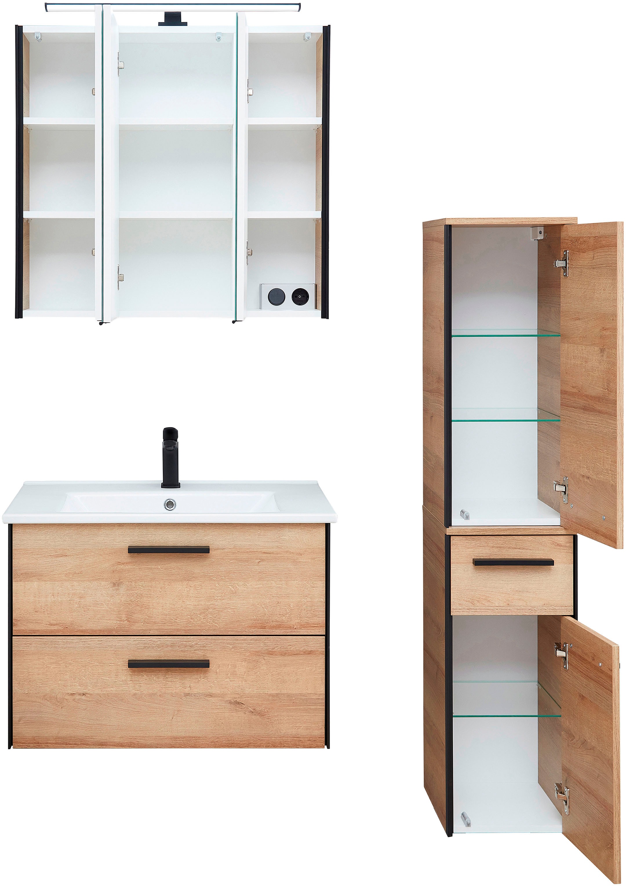 Saphir Badmöbel-Set »Quickset 395 3-teilig, Keramikwaschtisch mit LED-Spiegelschrank«, (5 St.), Midischrank, inkl. Türdämpfer, 5 Türen, 3 Schubladen, Bad-Set