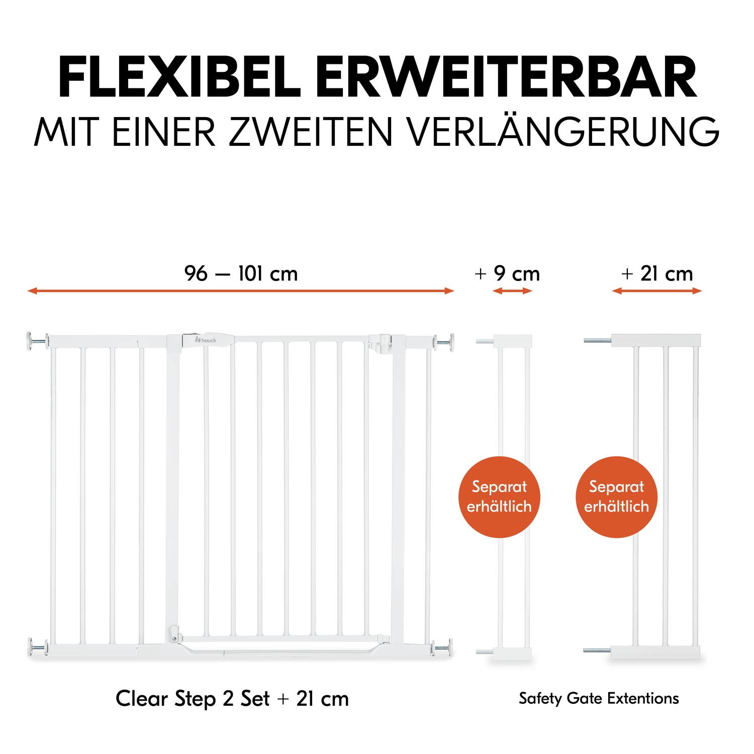 Hauck Türschutzgitter »Clear Step Set 2 inklusive Verlängerung 21 cm, White«, auch als Treppenschutzgitter verwendbar, 96-101 cm; flacher Durchgang