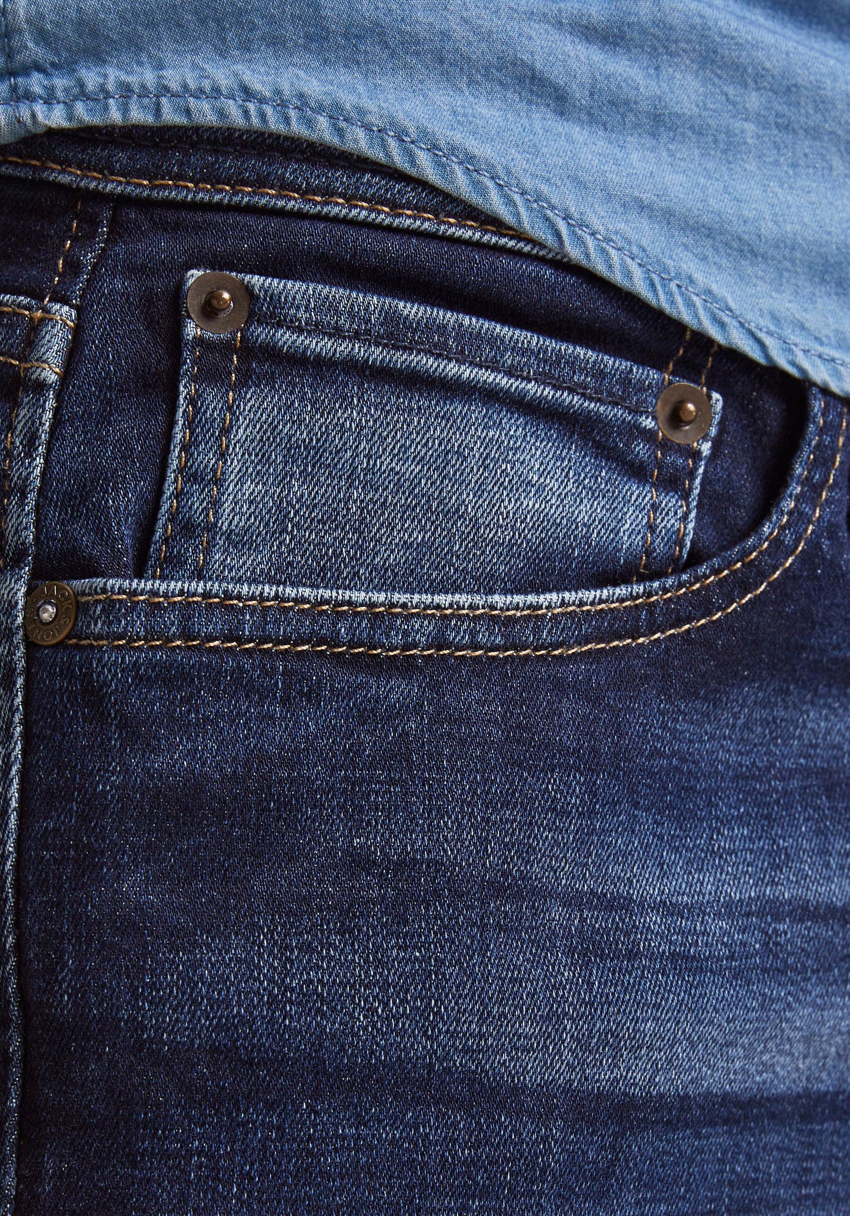 Regular-fit-Jeans JACK & JONES "JJICLARK mit Used-Look und Stretch für den Alltag", Herren, Gr. 34, Länge 34, blau (denim, blau), Denim/Jeans, Obermaterial: 98% Baumwolle, 2% Elasthan, Abriebeffekte, regular fit lang, Jeans, mit Abriebeffekten 4