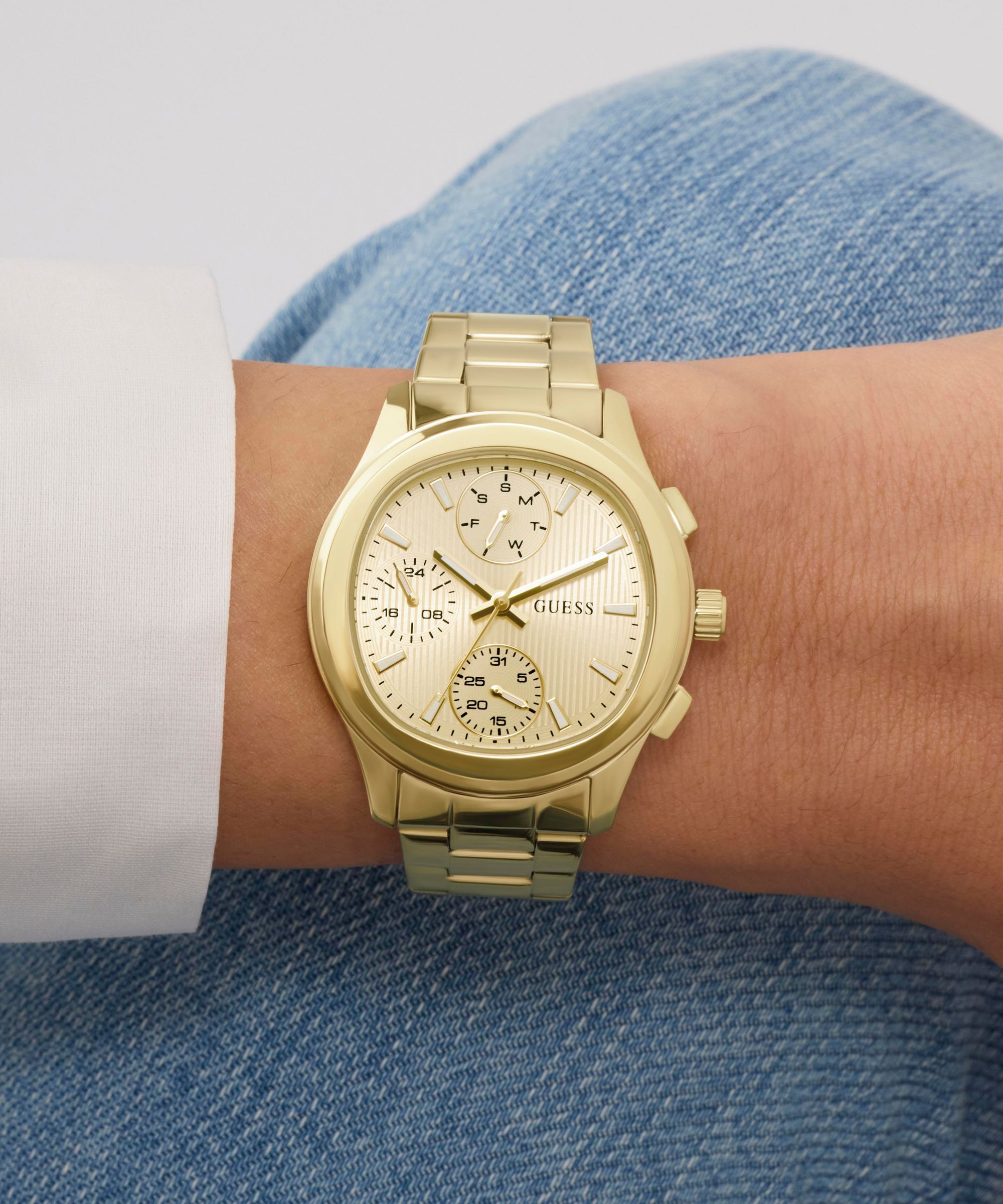 Guess Multifunktionsuhr »BIRDIE« Quarzuhr, Armbanduhr, Damenuhr, Edelstahlarmband, analog, Wochentag