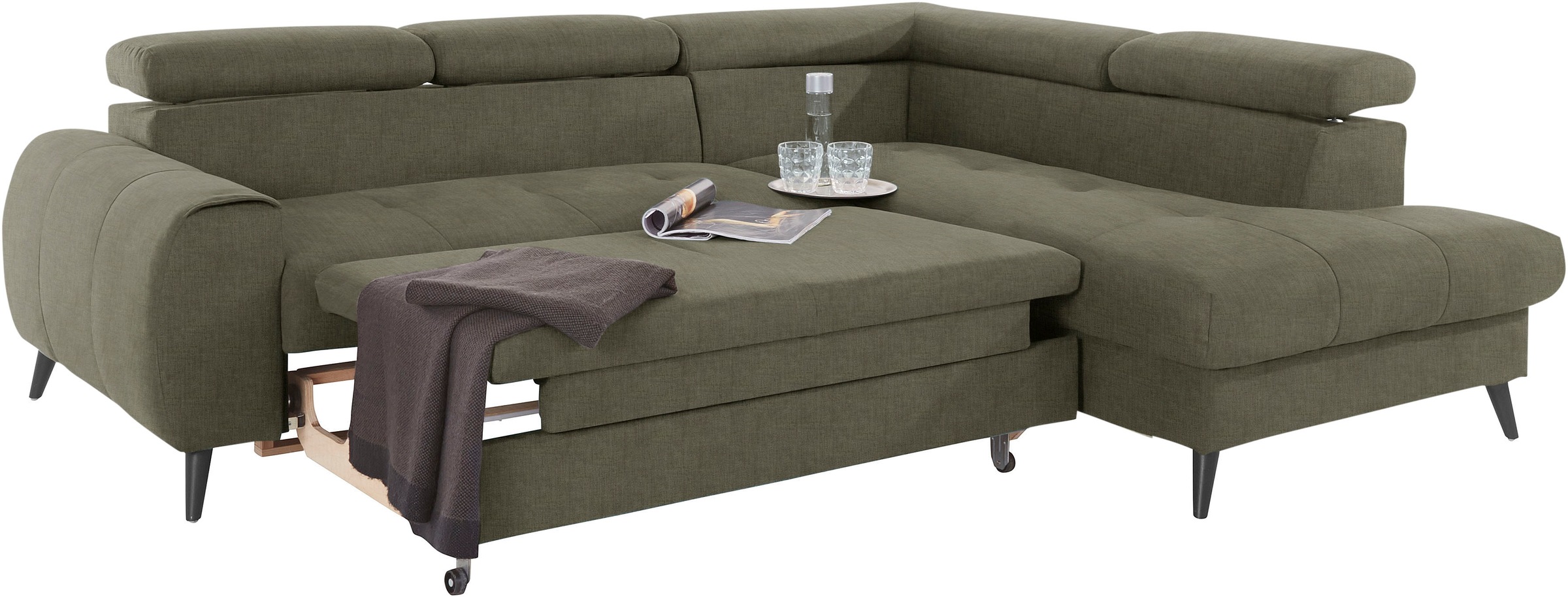 COTTA Ecksofa »Mia L-Form mit 3 Zierkissen«, wahlweise mit Bettfunktion, Bettkasten, Beleuchtung & Wireless-Charger