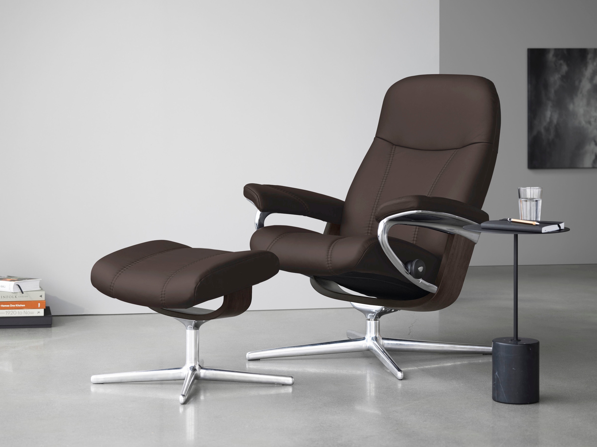 Stressless Relaxsessel "Consul" Set, Relaxsessel mit Hocker, mit Hocker, mit Cross Base, Größe S, M & L, Holzakzent Wenge