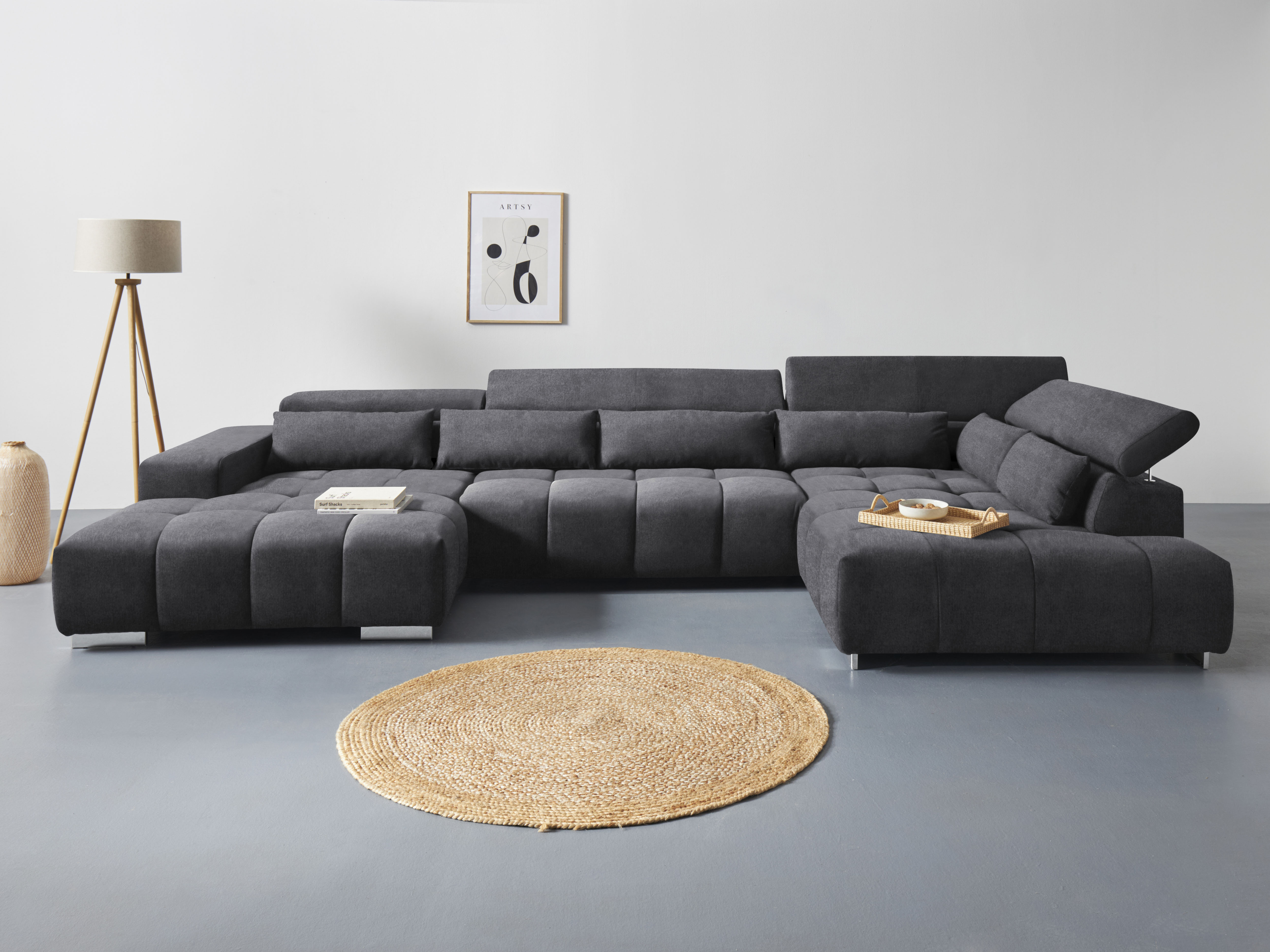 COTTA Wohnlandschaft "Orion U-Form XXL, B: 409 cm, bequeme Wellenunterfederung, top modern" mit Kopfteilverstellung & 6 Nierenkissen