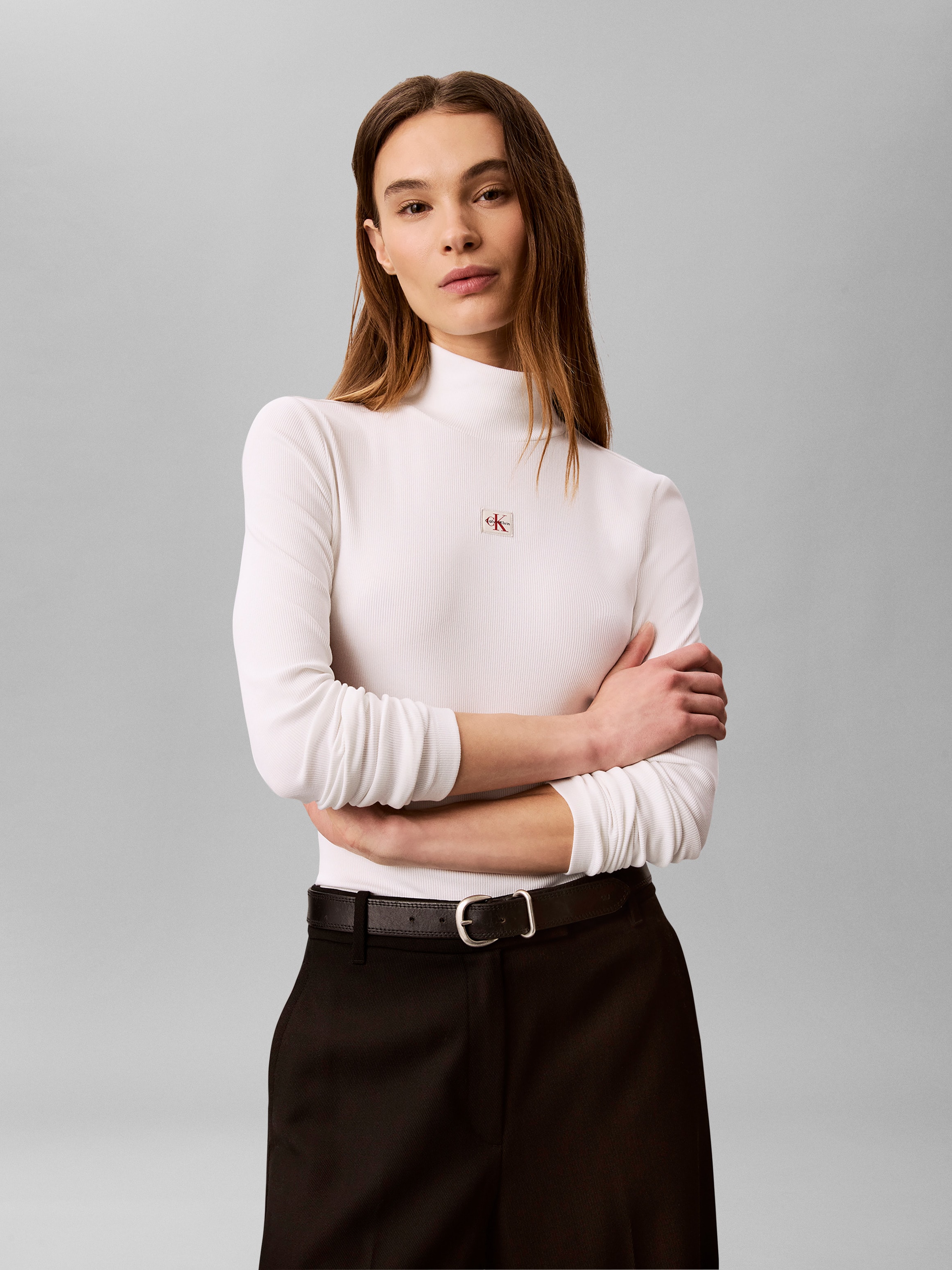 Calvin Klein Jeans Shirttop "LS WOVEN LABEL TURTLENECK" Mit Rundhalsausschnitt, regular fit