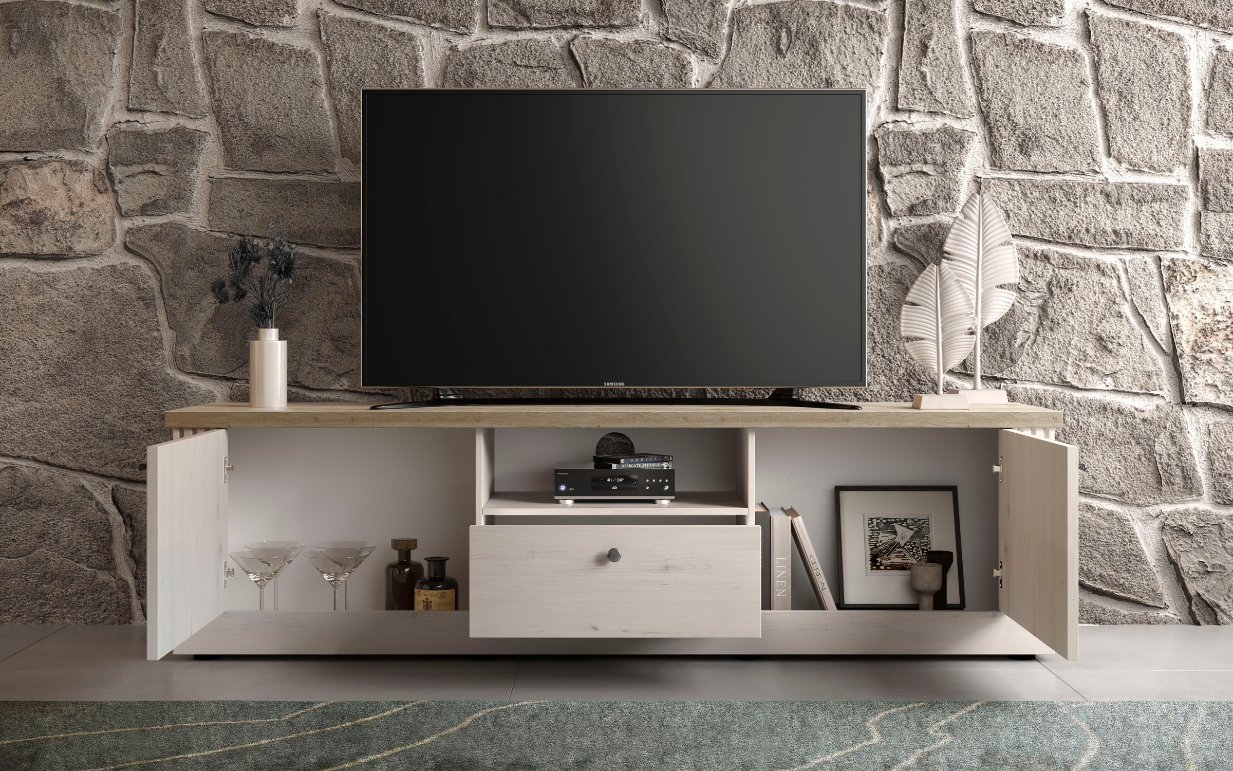 Home affaire Lowboard »Country Breite 211 cm, TV-Board 2 Türen u. 1 Schubkasten, TV-Schrank«, im Landhausstil, viel Strauraum, mit Metallgriffe, MDF Rahmen