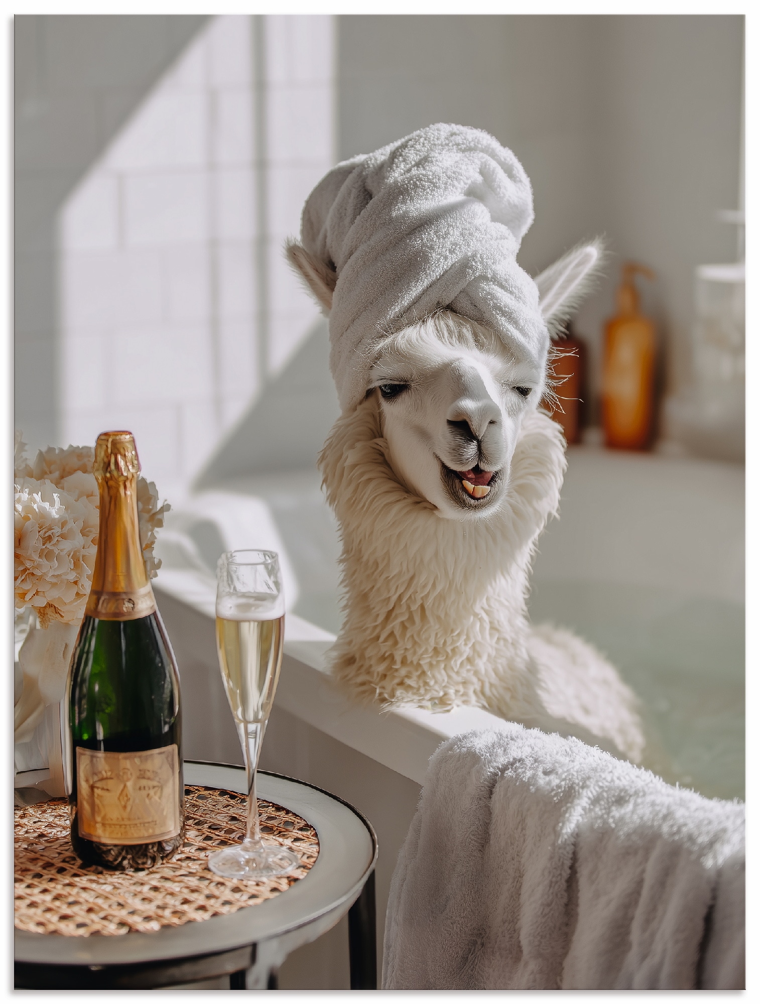 Wandbild ARTLAND "Lama in der Badewanne", farbe bild(er): weiß, B:45cm H:60cm, Alu Dibond, Bilder, als Alubild, Leinwandbild, Poster, Wandaufkleber in verschied. Größen