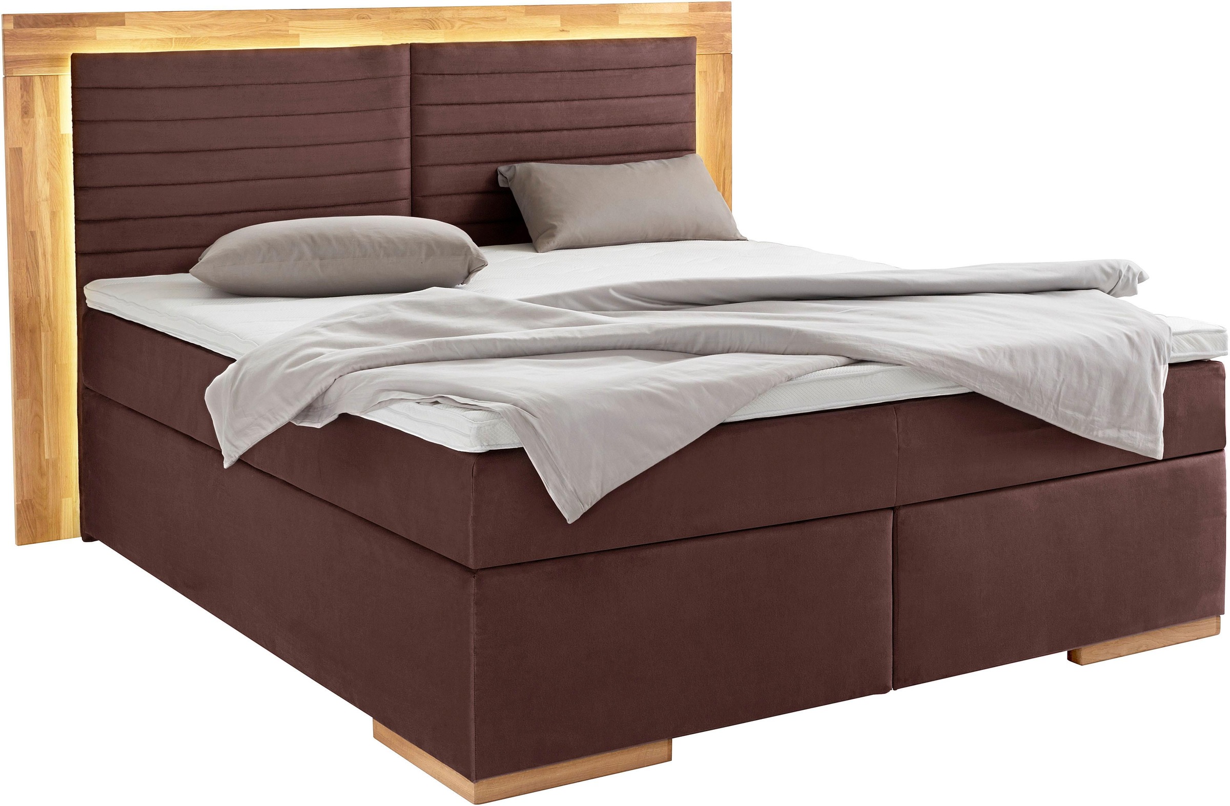 Boxspringbett HOME AFFAIRE "Cup", braun, B:190cm L:206cm, Bezug: Luxus-Microfaser (100% Polyester);Bezug: Microfaser (100% Polyester), Komplettbetten, Boxspringbett, mit LED-Beleuchtung, Massivholzrahmen und Topper, in 2 Härtegraden 3