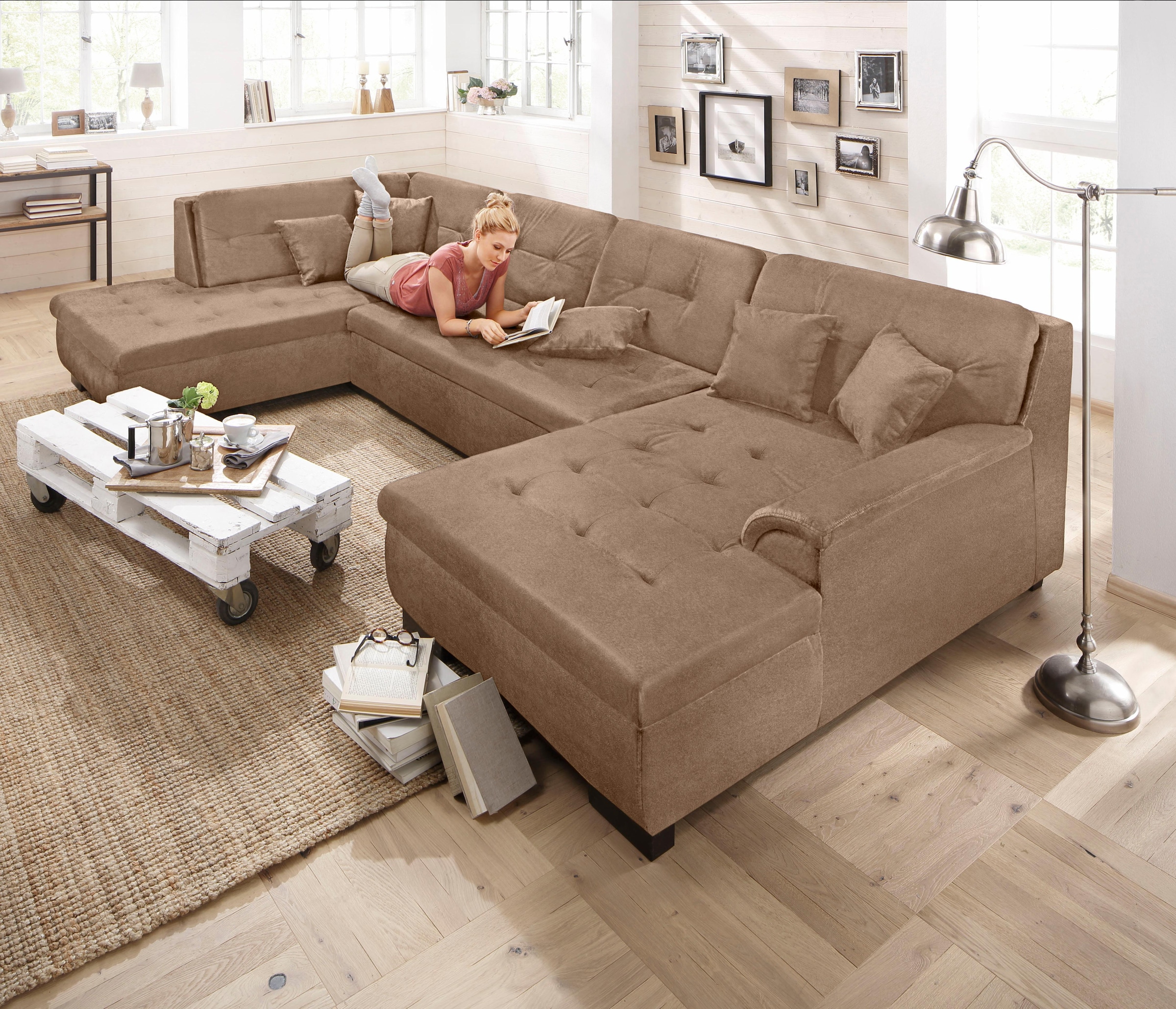 Home affaire Wohnlandschaft "BERGEN 364x106x83 cm, elegantes Design" whlw. mit Bettfunktion, U-Form