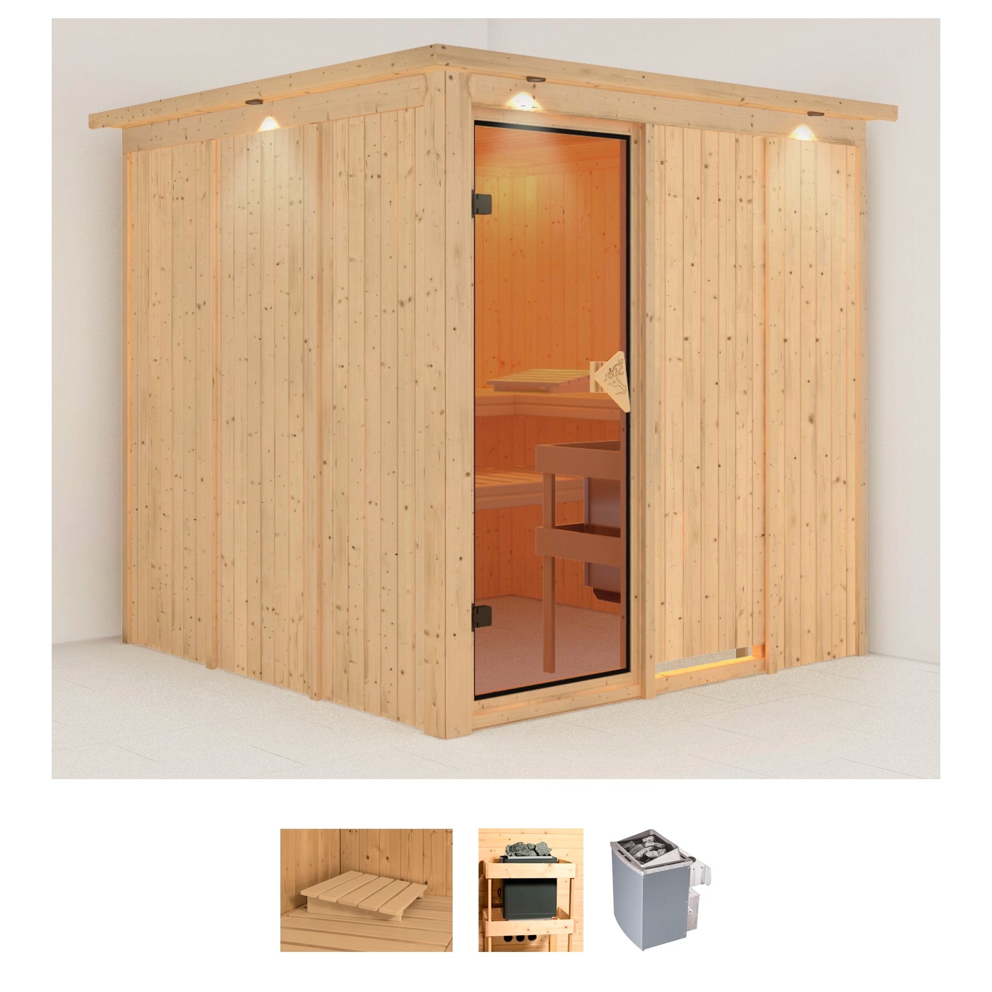 Karibu Sauna "Rodin" Set, Ofen 9 kW integr. Strg