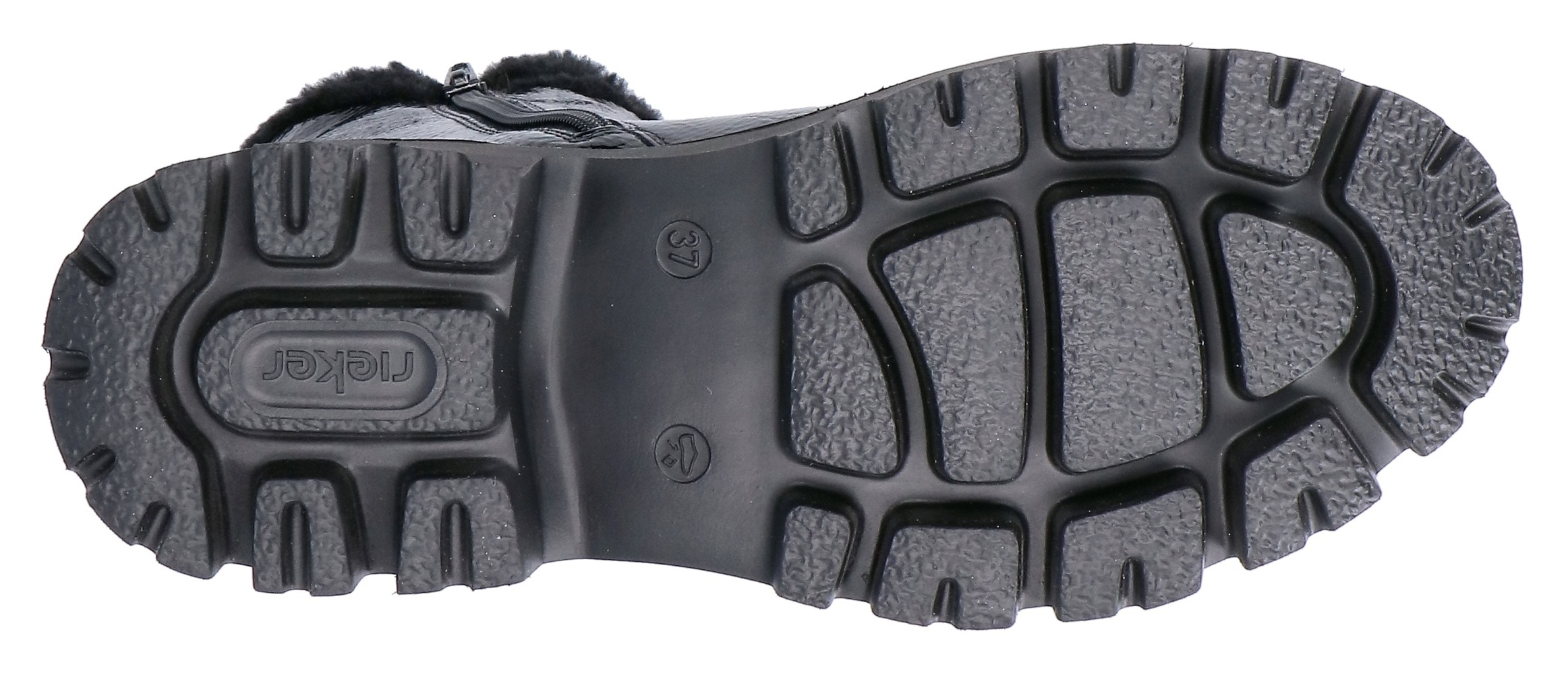Rieker Winterstiefelette, Plateauboots, Winterboots, Lack-Stiefelette mit buntem Sohlenrand
