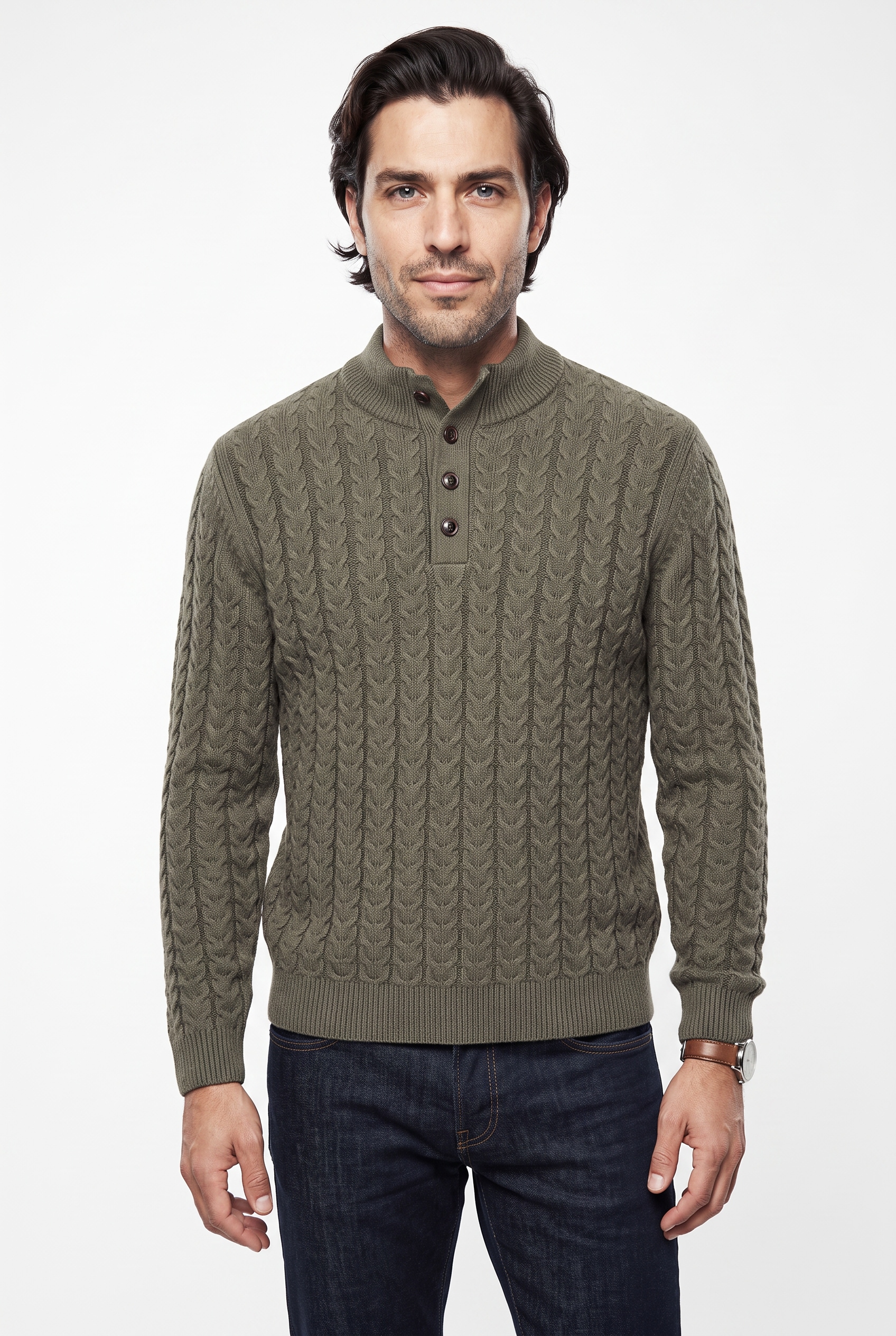 FYNCH-HATTON Strickpullover mit Zopfmuster und Knopfleiste, Woll-Anteil
