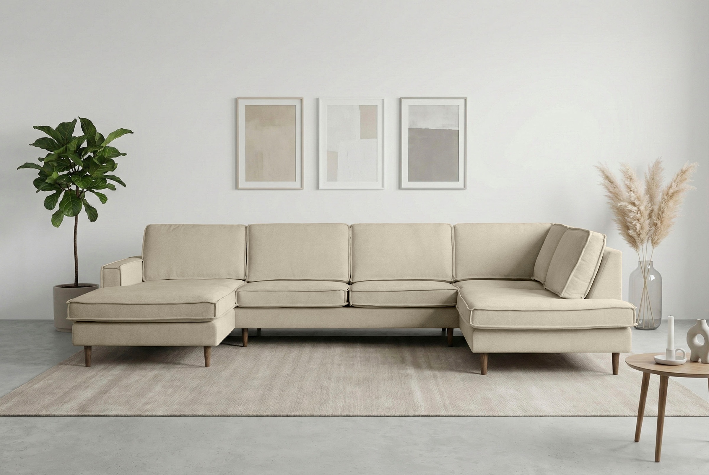 Home affaire Wohnlandschaft »Pinto Skandi, 350 cm, U-Form, XXL, mit Ottomanen« mit Keder, Massivholzfüße Eiche geräuchert, Wellenunterfederung