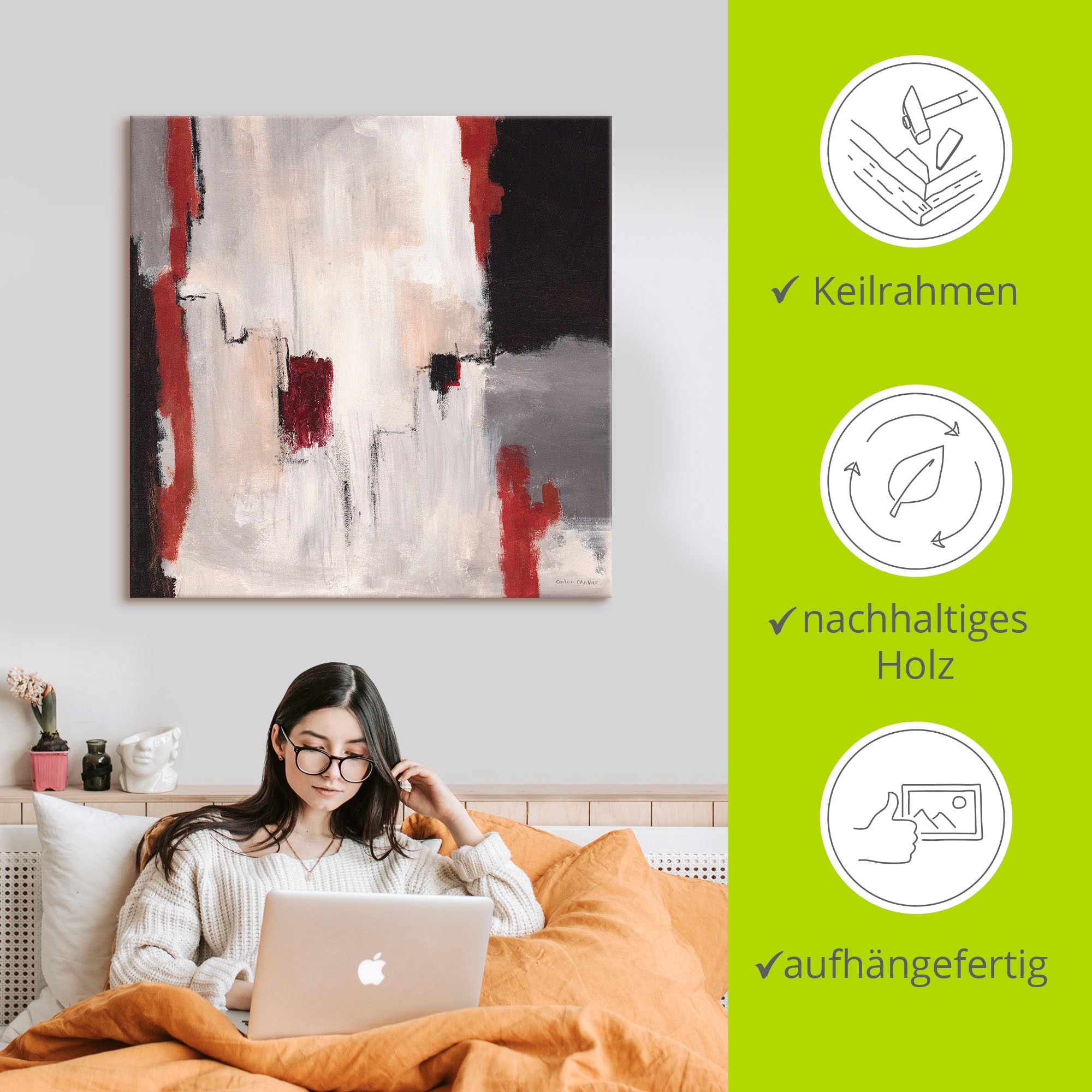 Artland Wandbild »Rot an Grau I - Abstrakt«, Gegenstandslos, (1 St.), als Alubild, Outdoorbild, Leinwandbild, Poster in verschied. Größen