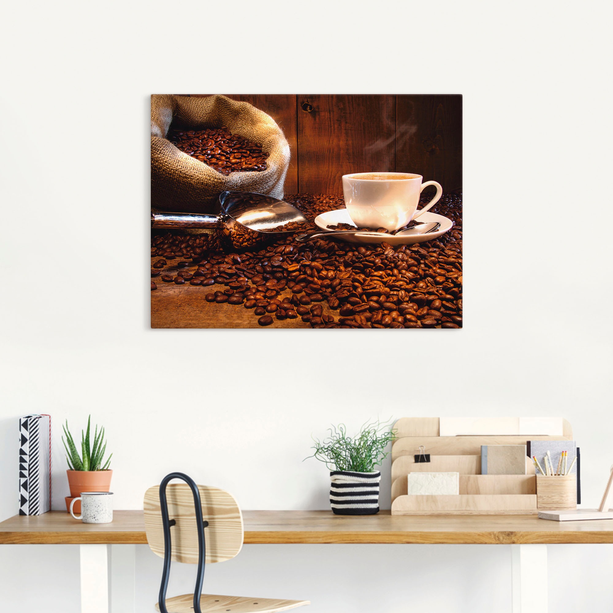 Artland Leinwandbild "Kaffeetasse und Leinensack auf Tisch" Getränke 1 Stk. günstig online kaufen