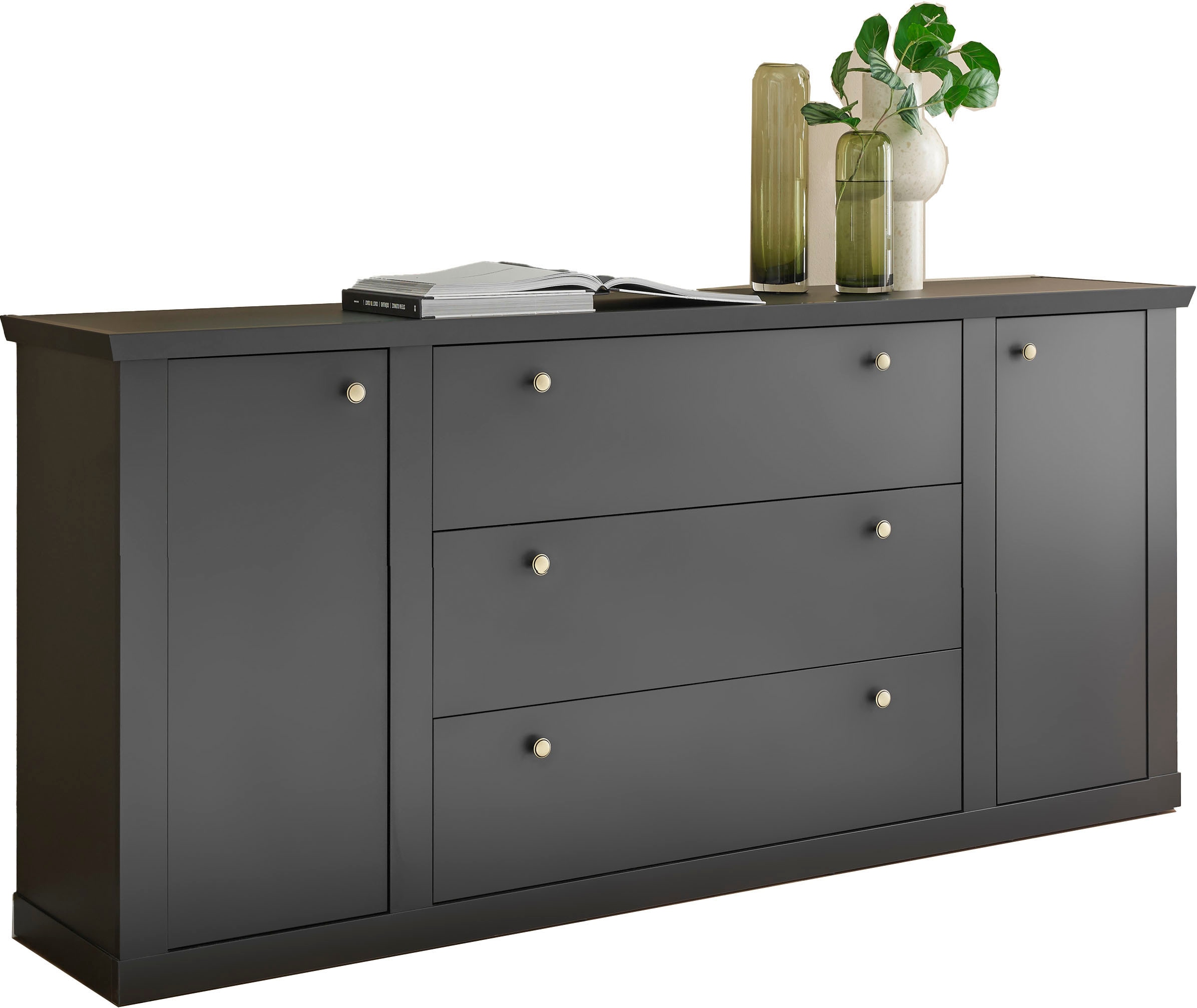 Home affaire Sideboard »Lincoln, moderner Schrank, schwarze Kommode, 205 cm breit« edles Design, messingfarbene Knopfgriffe, in 2 Größen verfügbar