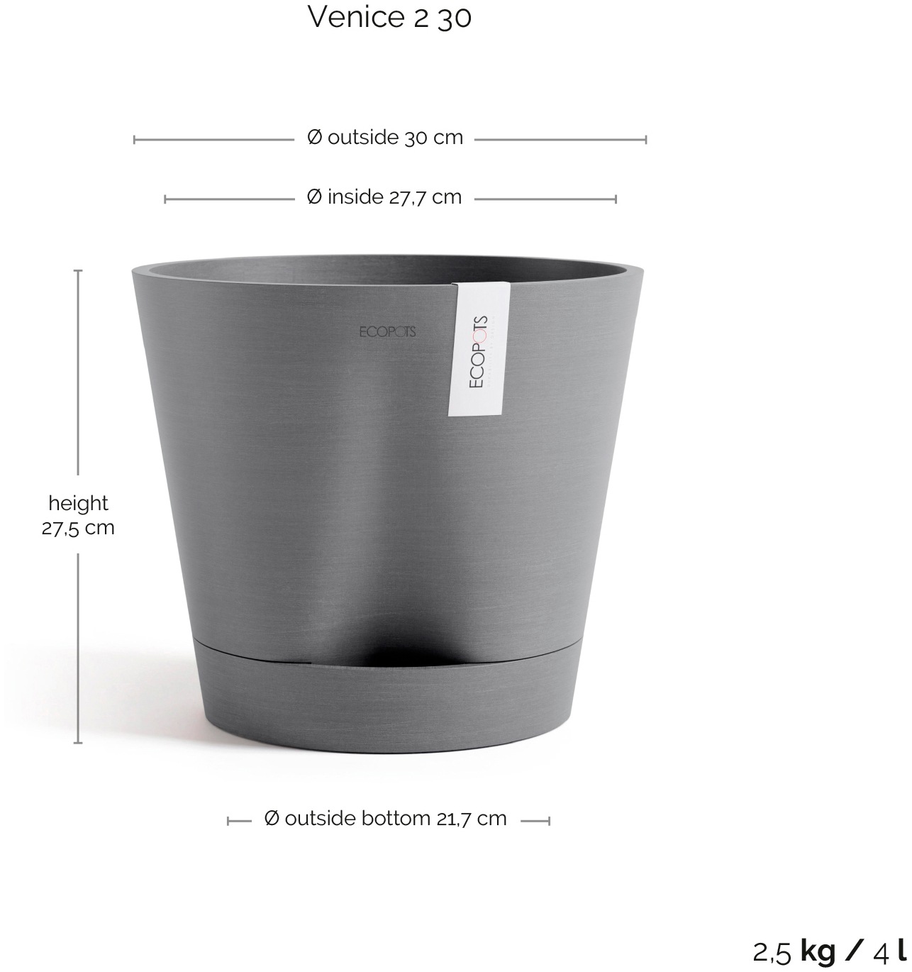ECOPOTS Blumentopf »Venice 2 30 Grau«, für den Innenbereich