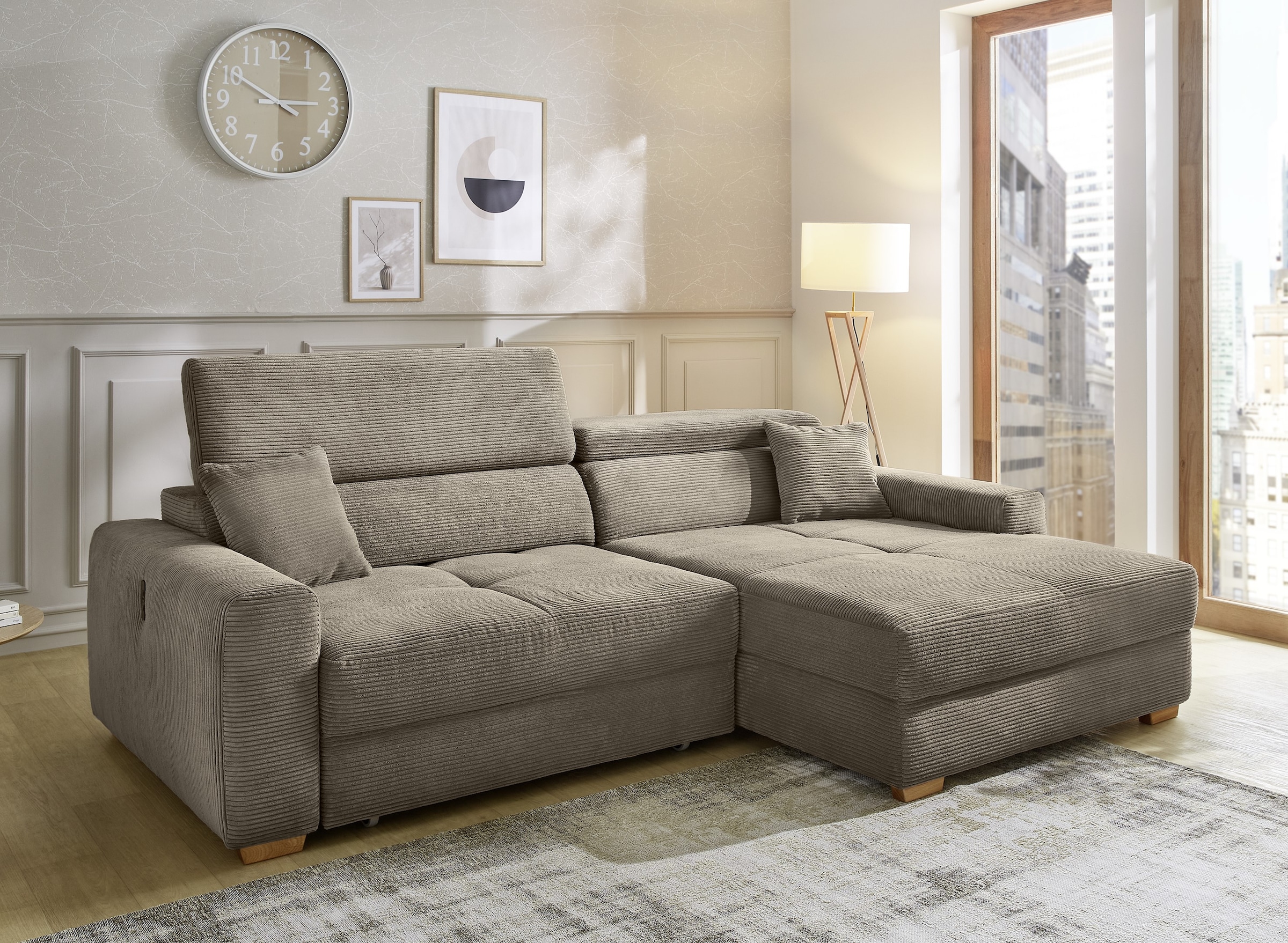 Jockenhöfer Gruppe Ecksofa "Slider L-Form, B: 277 cm Couch, 60cm elektrische Sitztiefenverstellung" 140kg Belastbarkeit, USB-Anschluss, Kopfteilverstellung & Zierkissen