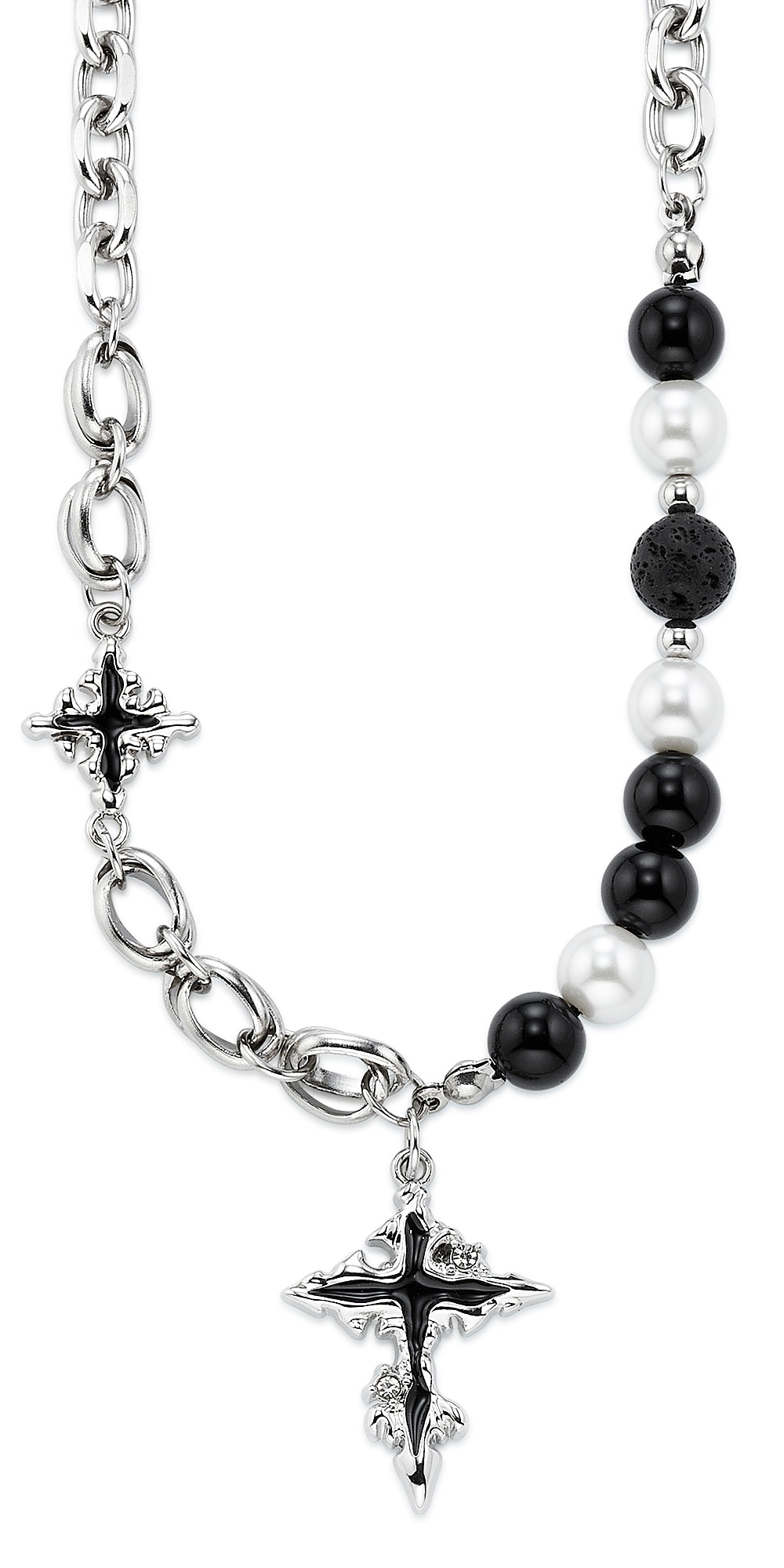 Kette mit Anhänger BRUNO BANANI "Schmuck Geschenk Edelstahlkette mit Kreuz schwarz emalliert", edelstahlfarben, schwarz, weiß, Halsketten, Damen, Edelstahl Lava Perlen, L: 53 B: 7mm, Edelstahl, Lava, Perlen, mit Lavastein - mit Perle (imitiert), B:7mm