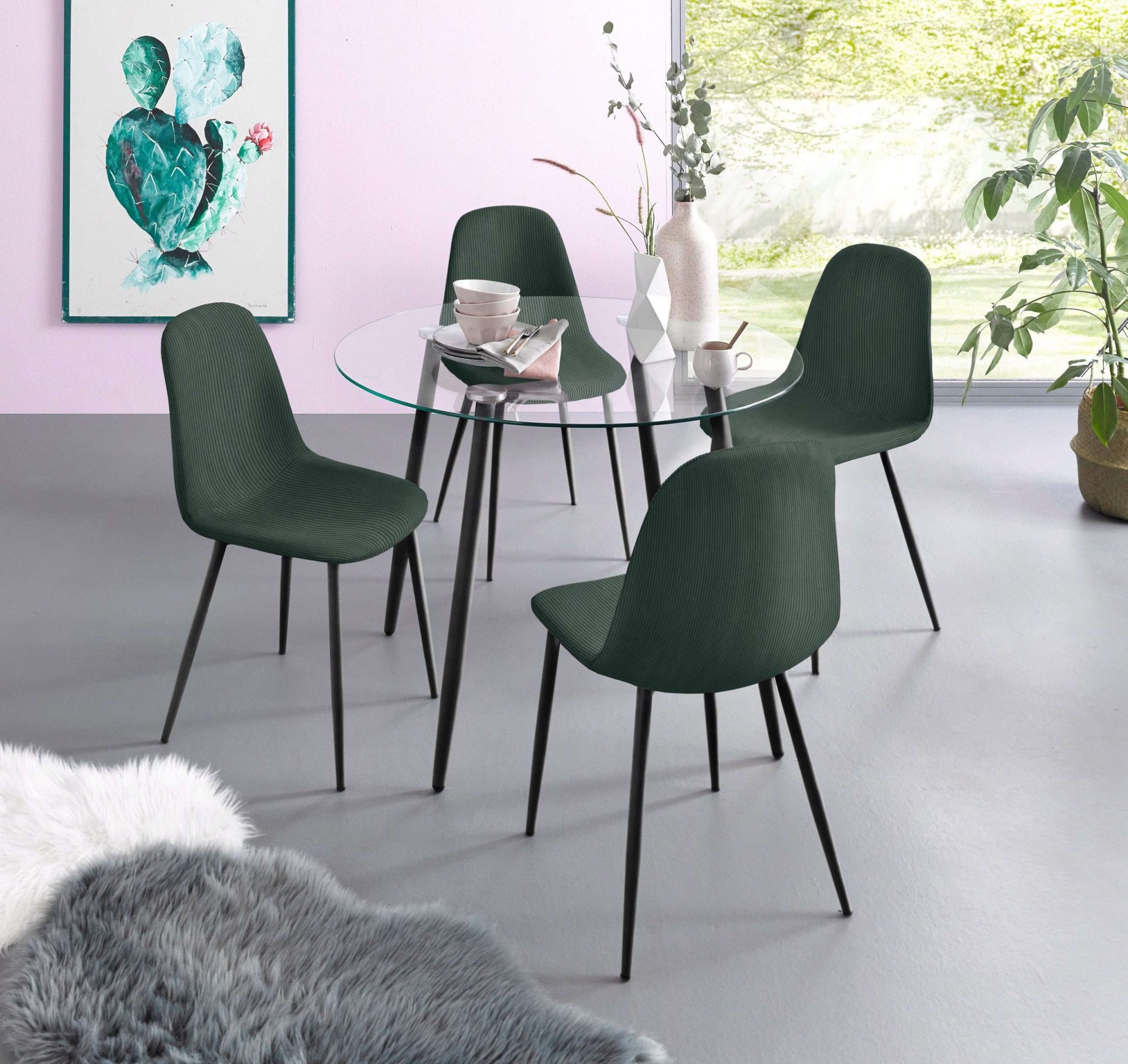 OTTO home Essgruppe "Danny-Miller" Set, Set 100 cm, 5 Stk. tlg. Glastisch 100x100 cm mit 4 Stühlen in Cord, Gestell aus Metall