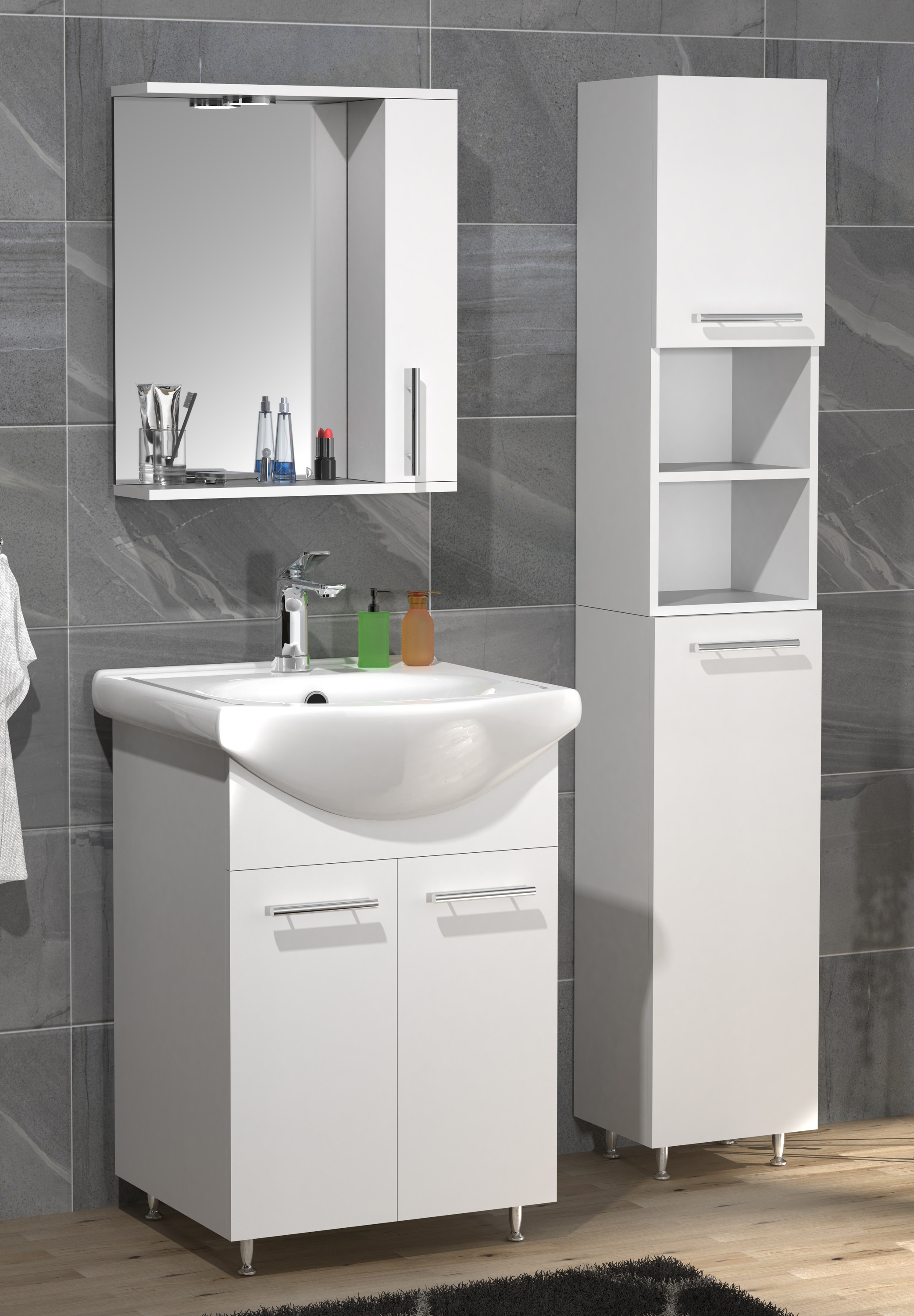 VCM Waschbeckenunterschrank »VCM 4-tlg. Waschplatz Waschtisch Badmöbel Set Waschbecken Spiegeschrank Hochschrank Drehtüren Lisalo M«, (4 St.)