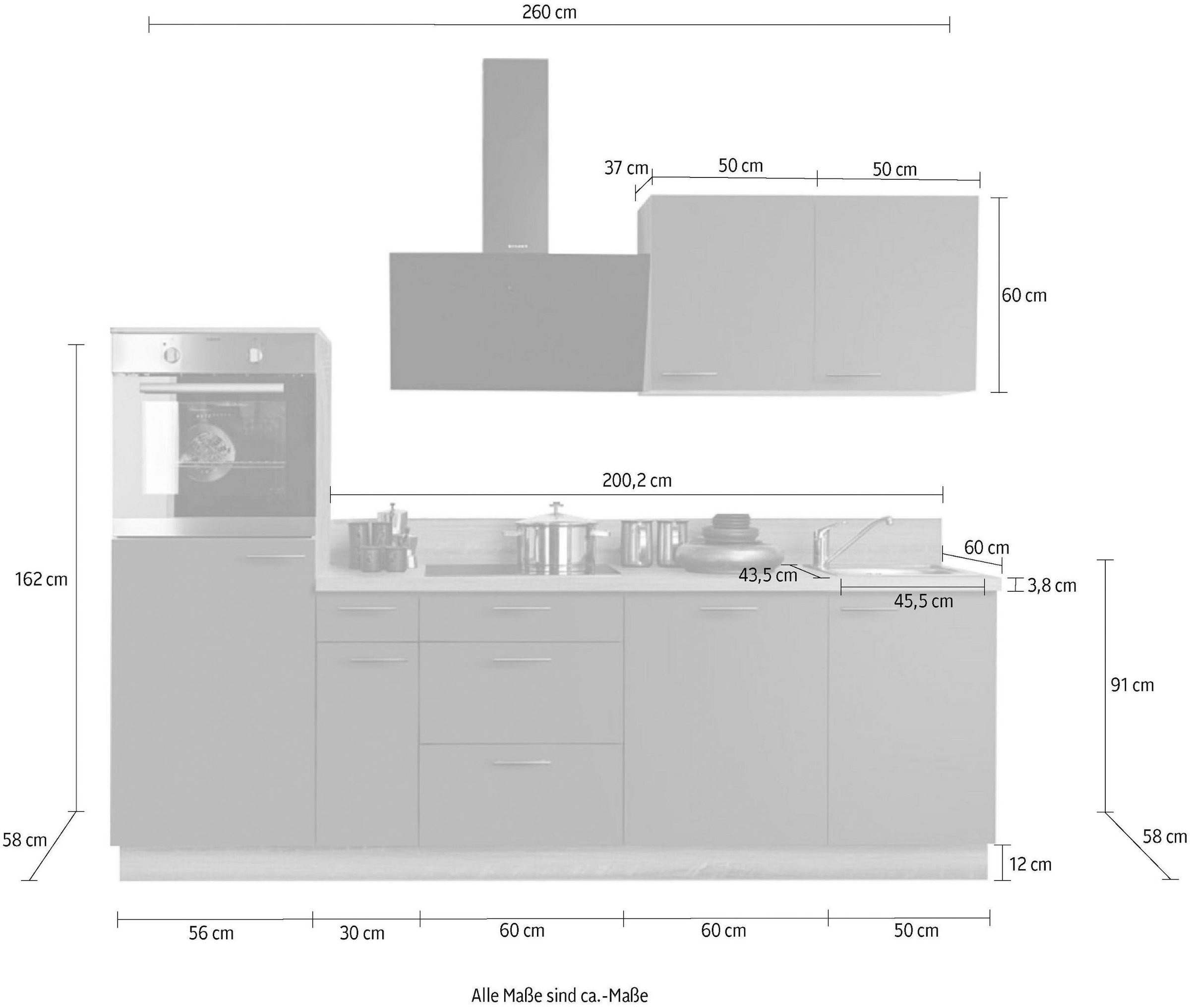 Express Küchen Küchenzeile »KS-Scafa, vormontiert, mit höhenverstellbaren Füßen, vormontiert, mit«, Soft-Close, wahl. mit E-Geräten inkl. Geschirrspüler, Breite 260 cm