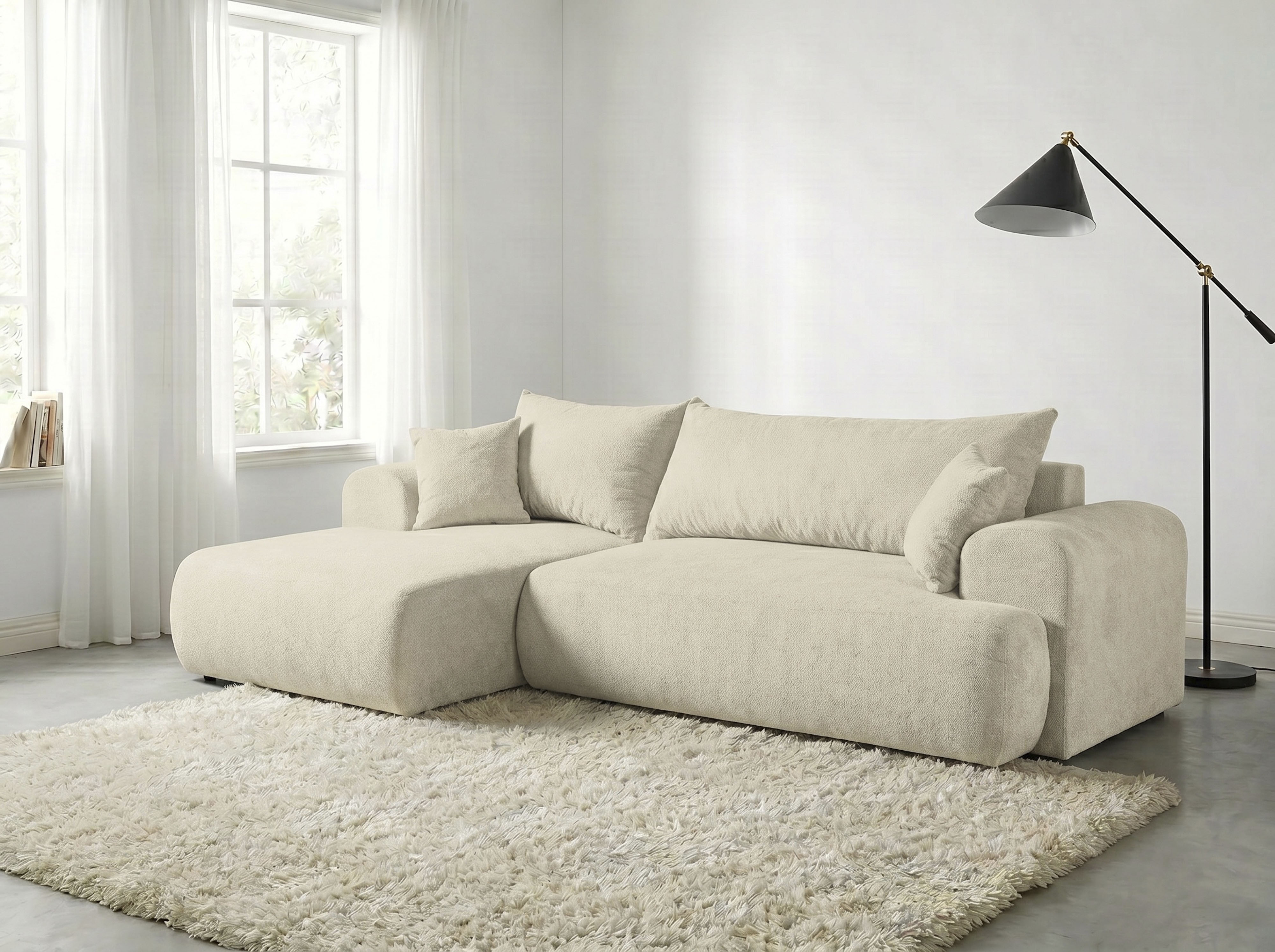 WERK2 Ecksofa "Ewela 265 x 145 cm modern und bequem" Bouclé, L-Form, Schlaffunktion, Bettkasten