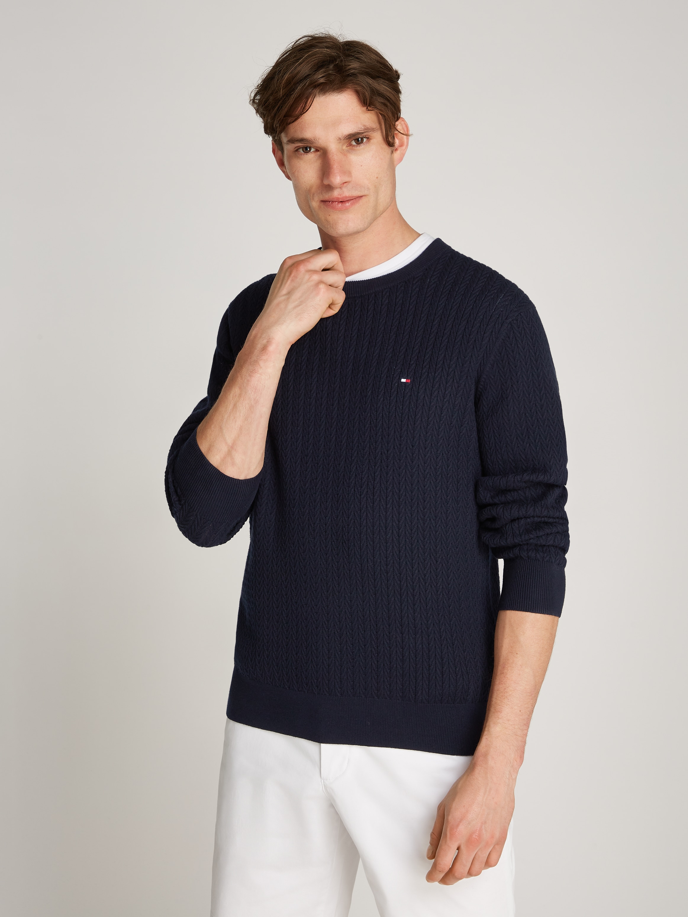 Tommy Hilfiger Strickpullover "HERRINGBONE STRUCTURE C NK", mit Zopfmuster günstig online kaufen