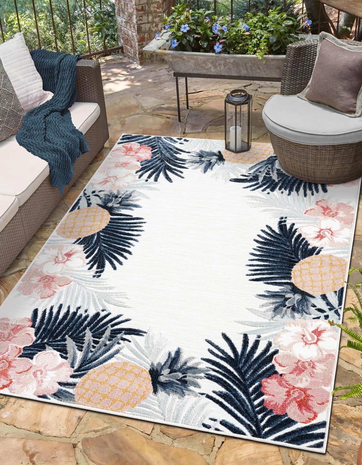 Myflair Möbel & Accessoires Outdoorteppich "Sunny, LAGERRÄUMUNG" rechteckig 8 mm Höhe Blumen Motiv, mit Bordüre, Outdoor geeignet, Balkon, Terrasse