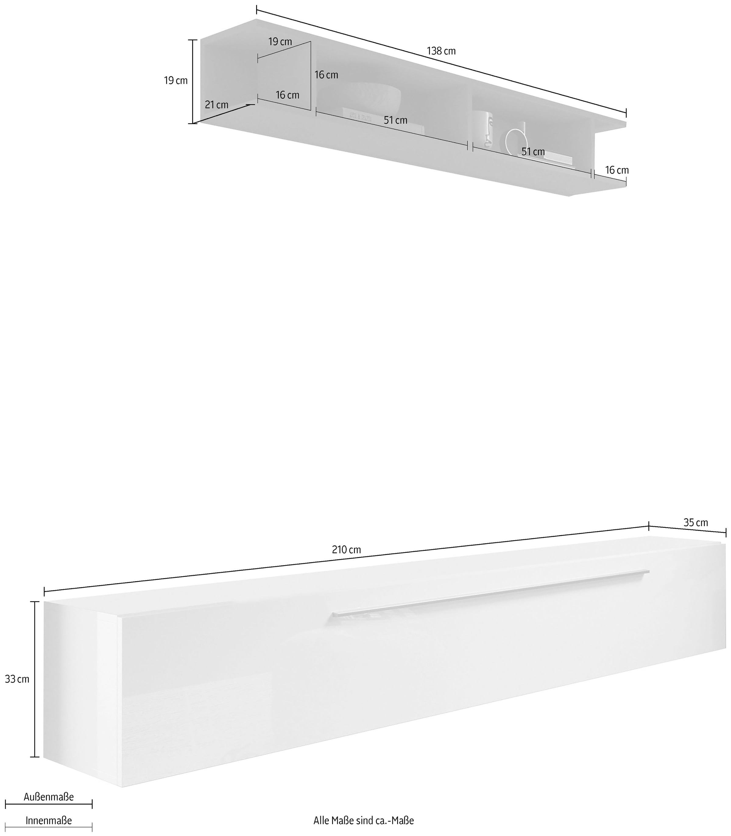 INOSIGN TV-Wand »INFINITY, 2tlg. Breite 210 cm, Höhe variabel, Wohnwand«, (Spar-Set, 2 St.), (Lowboard hängend mit Metallgriff, Wandregal)