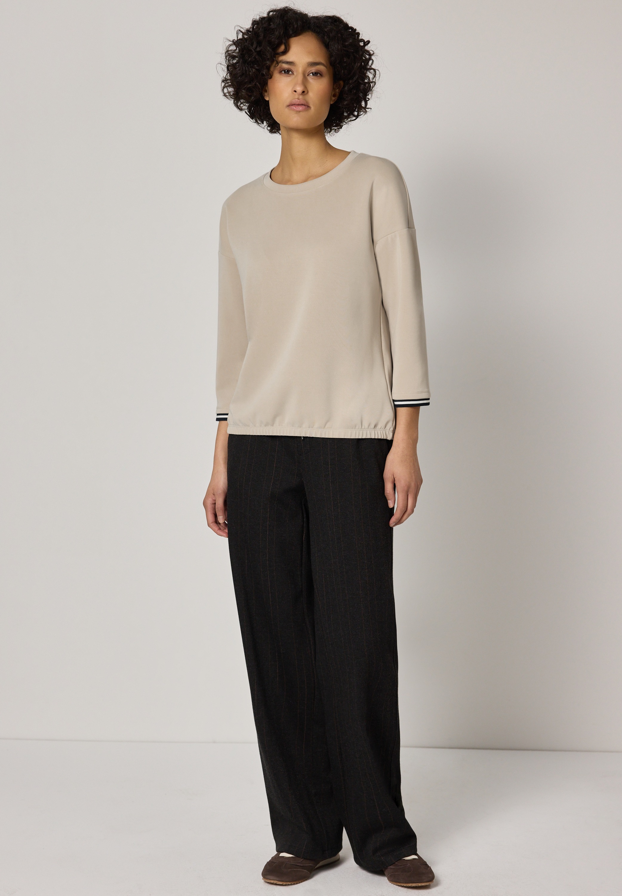 Rundhalsshirt STREET ONE, Damen, Gr. 46, cotton beige, Stoff, 46% Modal, 46% Polyester, 8% Elasthan, unifarben, normal normal, Rundhals, abgesteppt, Shirts Rundhalsshirt, Rundhalsausschnitt 3