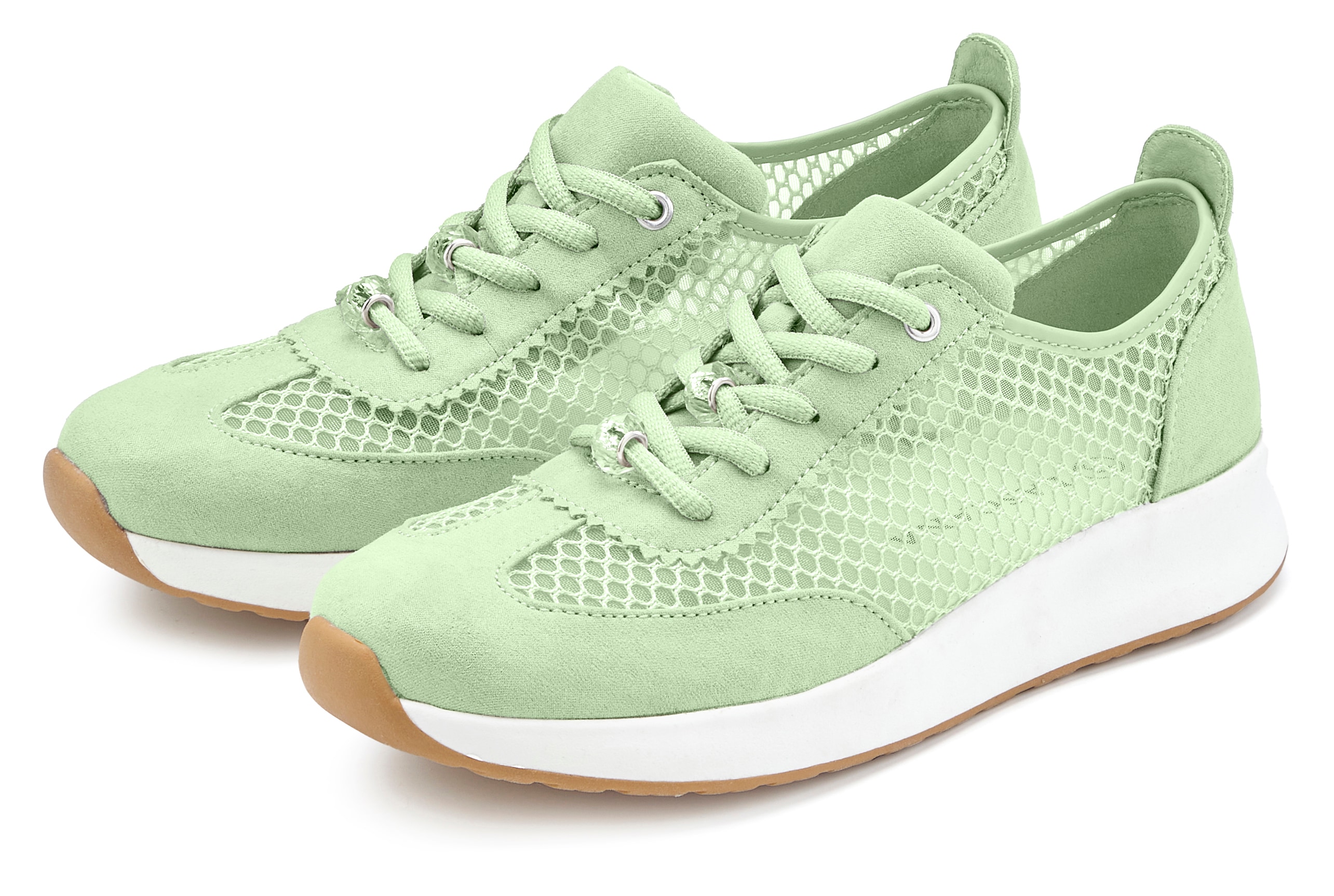 LASCANA Sneaker "Halbschuh, Sneaker, Schnür-Sneaker" Wildleder-Optik mit dezentem Plateau und Schmuckdetails VEGAN