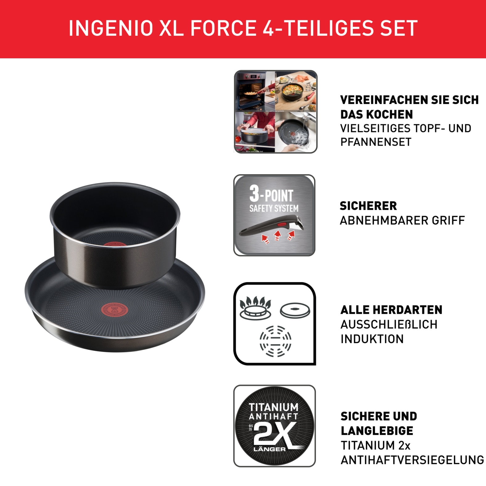 Tefal Topf-Set »L15890 Ingenio XL Force, Topfset nicht induktionsgeeignet«, Aluminium, (Set, 4 tlg., je 1 Stielkasserolle Ø 16/18/20 cm, 1 abnehmbarer Griff), Antihaftversiegelung, Thermo-Signal bei idealer Brattemperatur