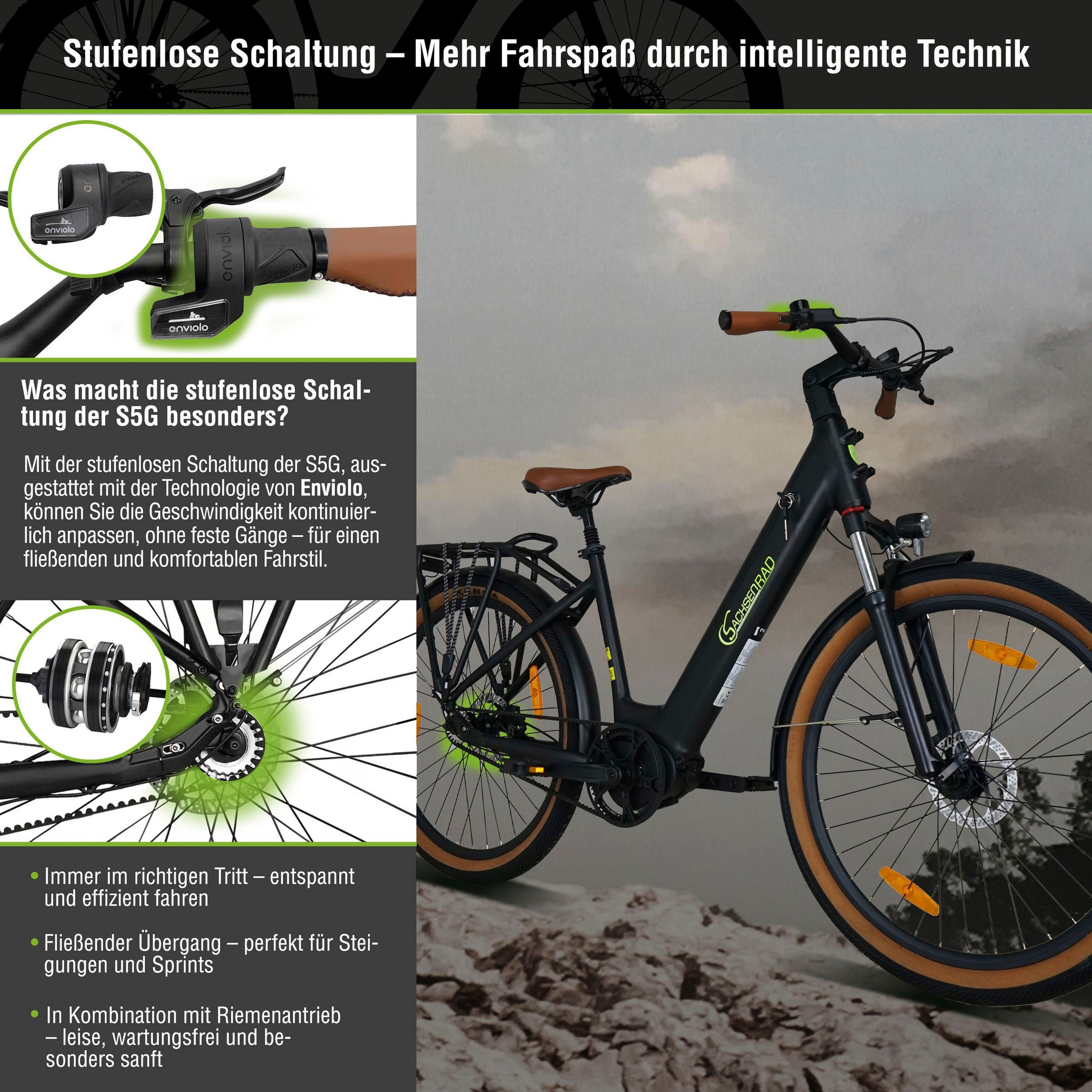 SachsenRad »S5G« Kugelschaltung Mittelmotor 250 W Tiefeinsteiger, Alarmanlage, Pedelec,  Stufenlose Enviolo-Schaltung, TFT Farb-LCD-Steuerdisplay