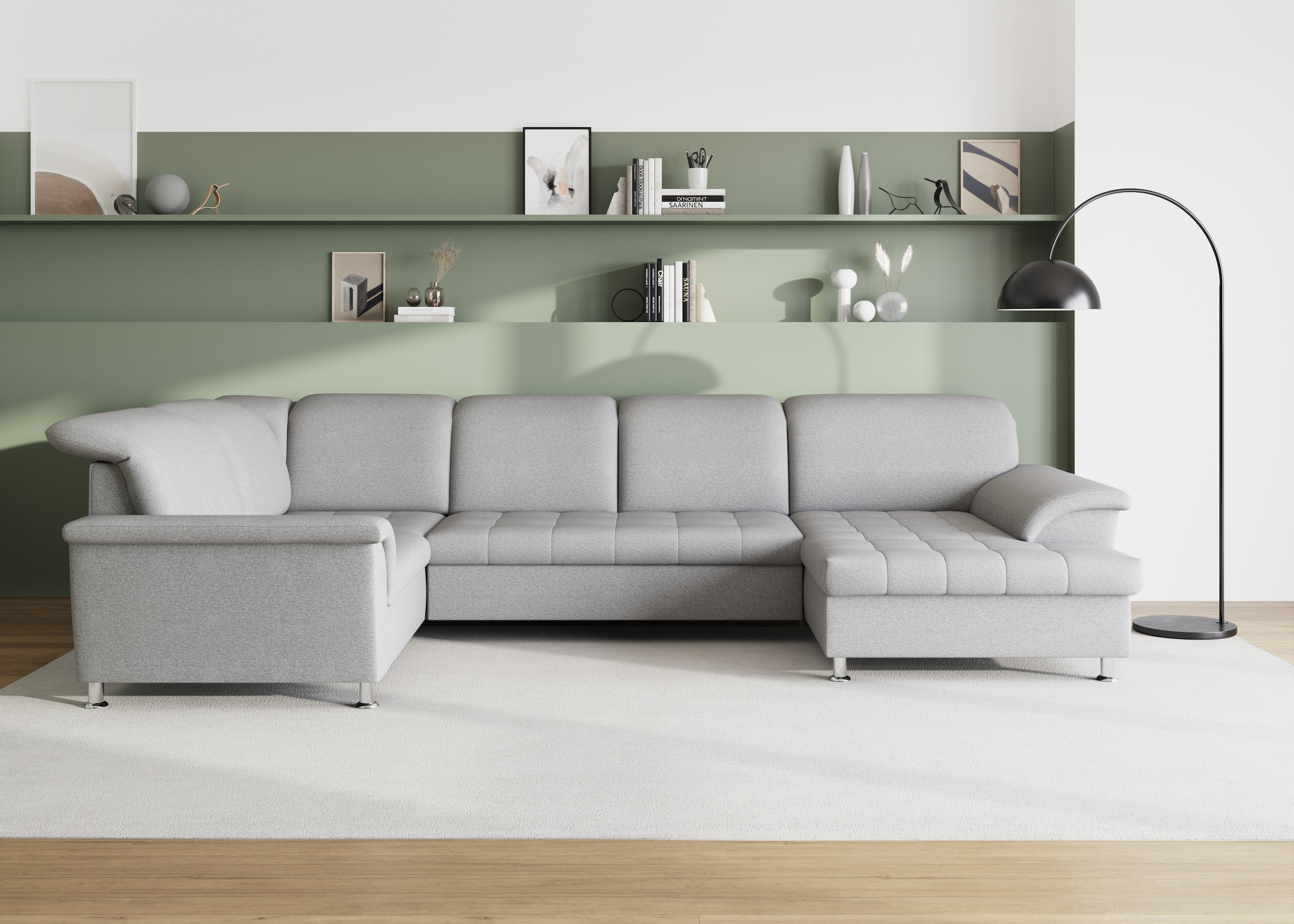 DOMO collection Wohnlandschaft "FRANZI 344x206x81 cm, elegant, komfortabel" U-Form, Recamiere rechts, silber, B/T: 344/206 cm