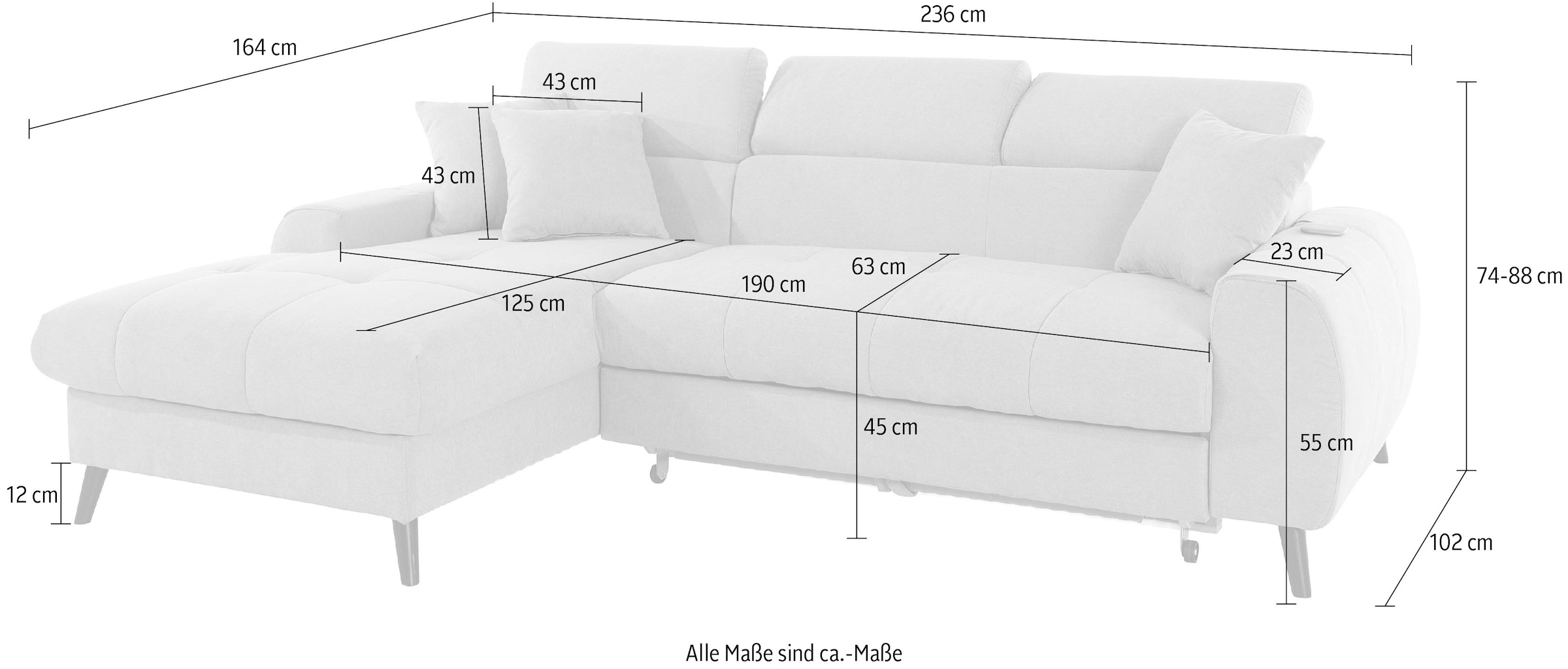 COTTA Ecksofa »Mia L-Form«, 3-tlg.-Kissen-Set, Recamiere, wahlweise mit oder ohne RGB-Beleuchtung